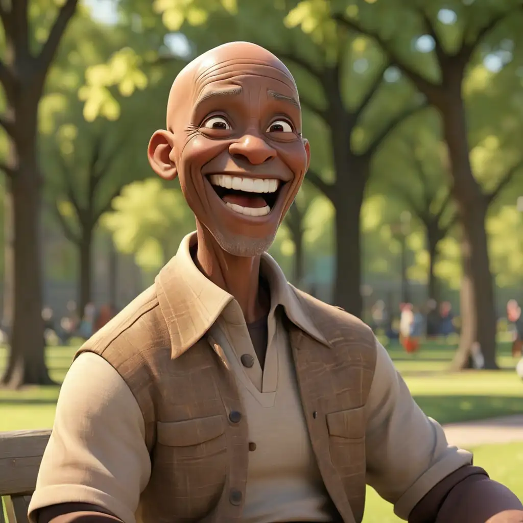 defined 3D cartoon-style African American bald elder telling a story in the park smiling  
