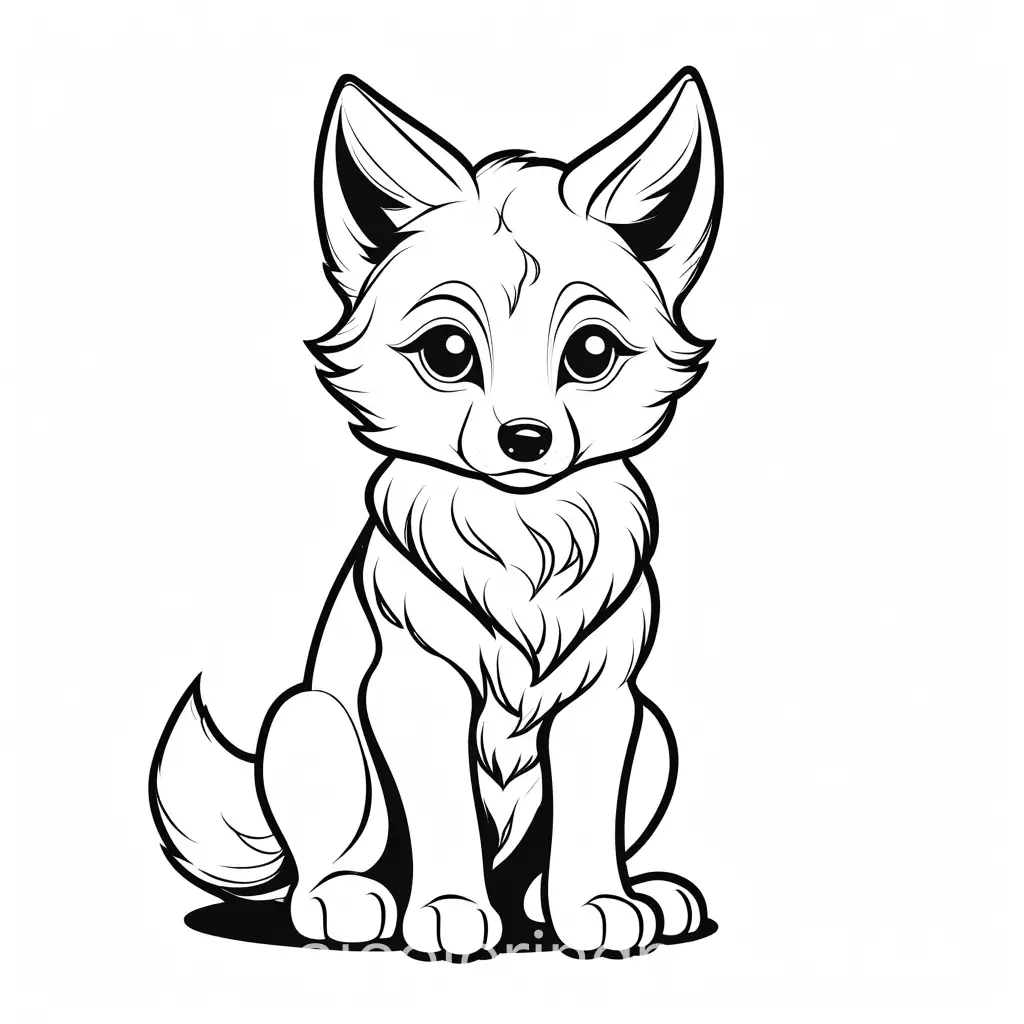 Baby wolf with big round eyes 

, Coloring Page, black and white, line art, white background, Simplicity, Ample White Space. The background of the coloring page is plain white to make it easy for young children to color within the lines. The outlines of all the subjects are easy to distinguish, making it simple for kids to color without too much difficulty