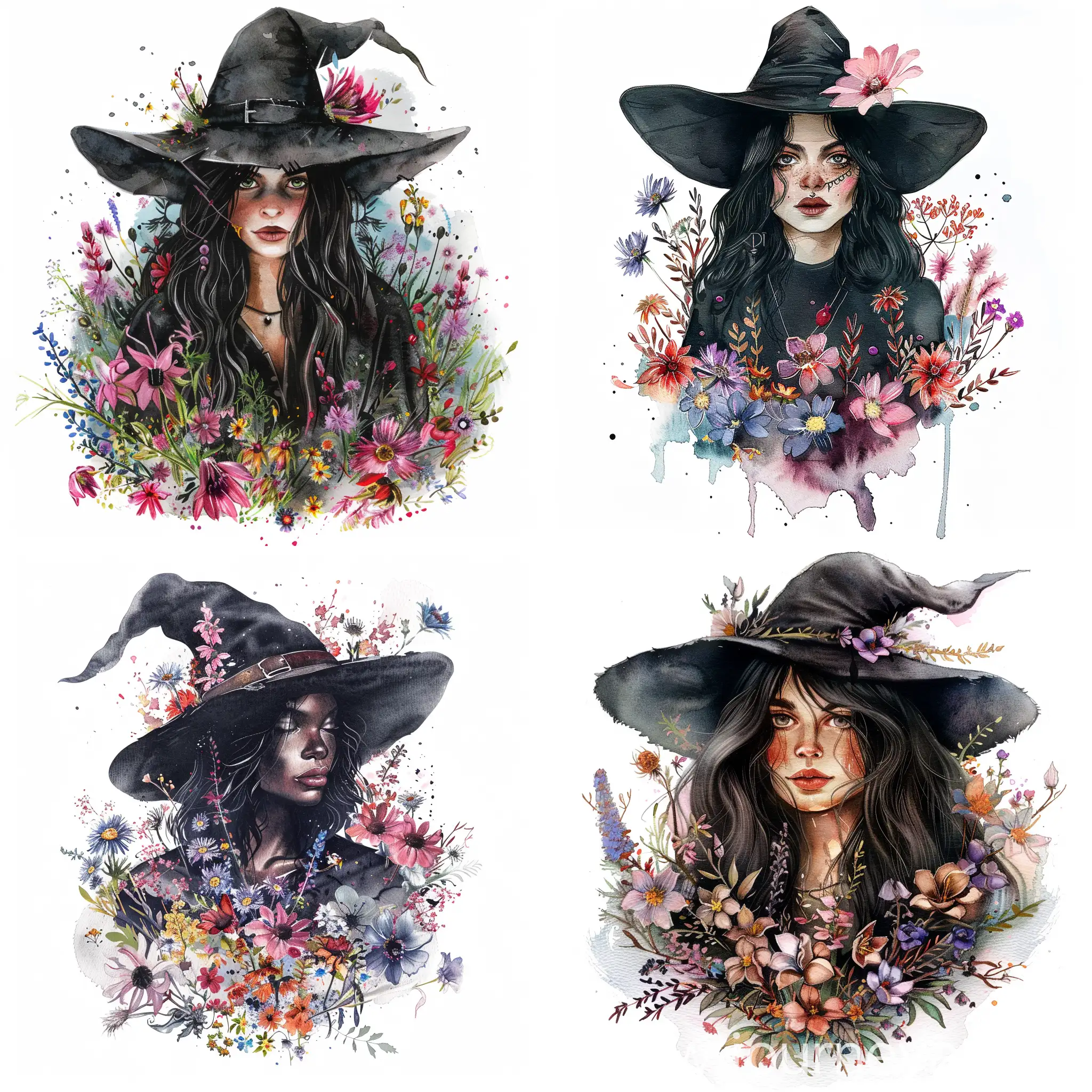 Black witch wearing a hat surrounded by flowers Beautiful Gothic Fantasy, Watercolour, 8k, hd, isolated on a white background 