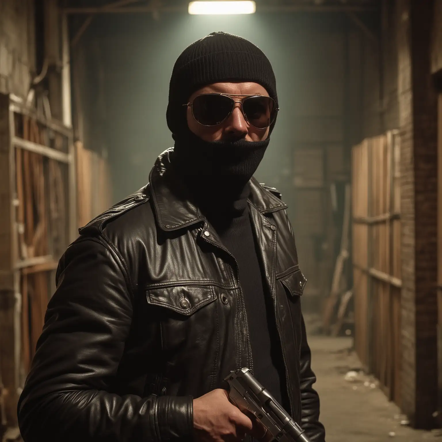 Angry Private Cop in Balaclava Holds Gun in Dark Warehouse 70s Crime Film Scene