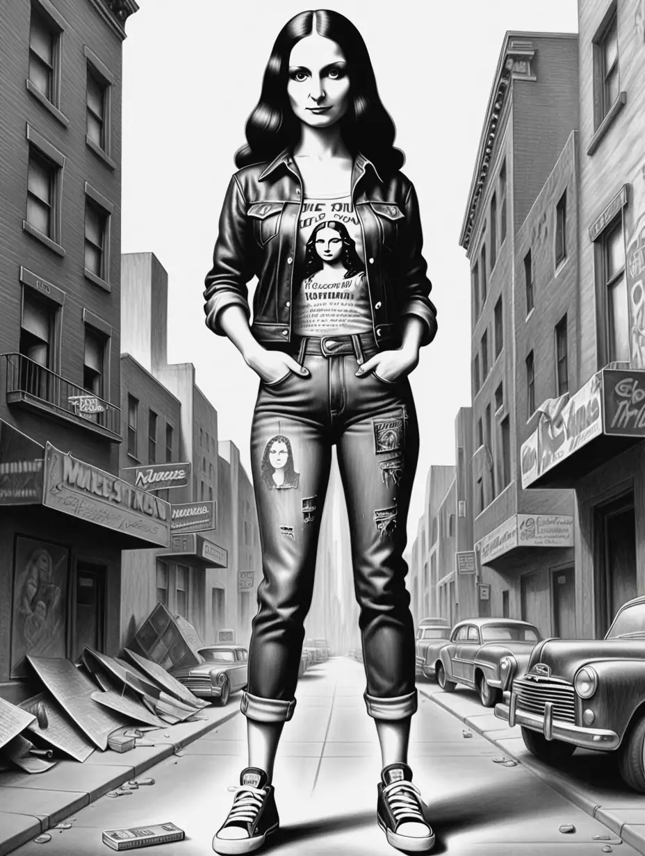 Produce a stunning black and white vintage, advertising 1950 style, retro, cool and mid-century pencil drawing of a full the mona lisa in az ramones outfit, leather, jeans, shirt, sneakers, she is standing somewhere in a distructed city