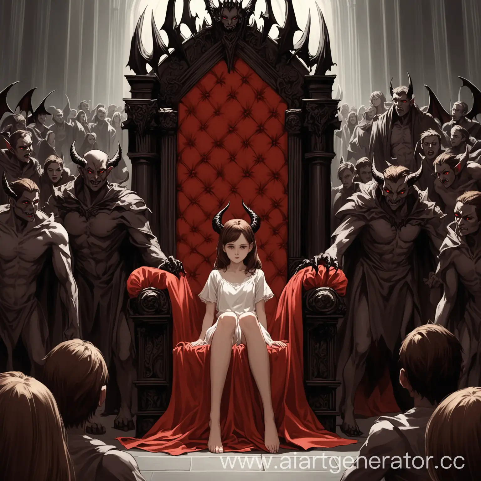 девушка с коричневыми волосами, сидящая на троне, позади стоит демон,в ногах у девушки лежат люди