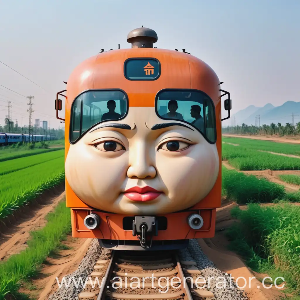 Поезд с пухлым человеческим лицом вместо кабины едет в полях азии. Вид снаружи