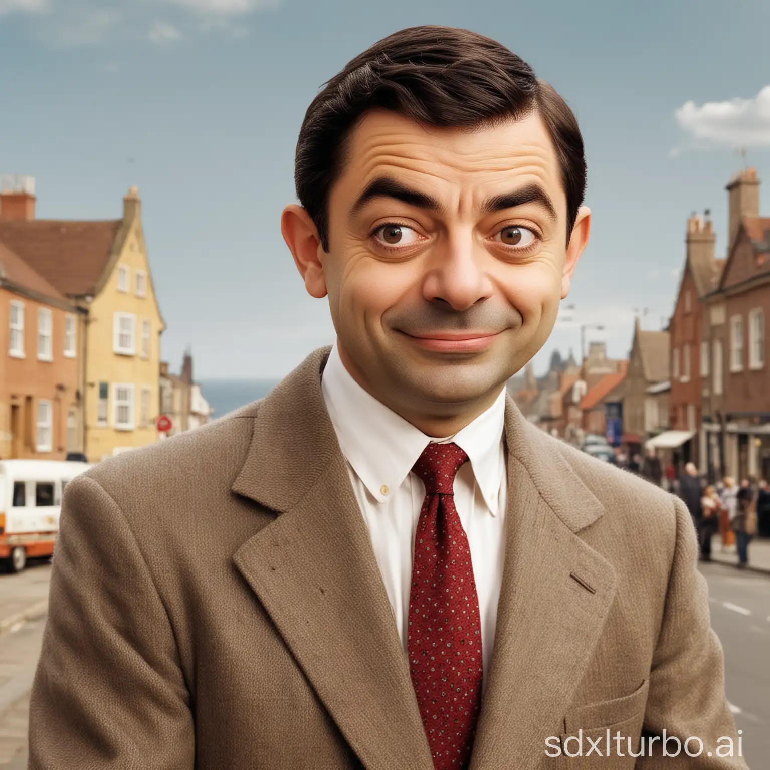 Draw a Mr. Bean, humorously and amusingly, makes people laugh at first sight, with a sense of depth in the background.
