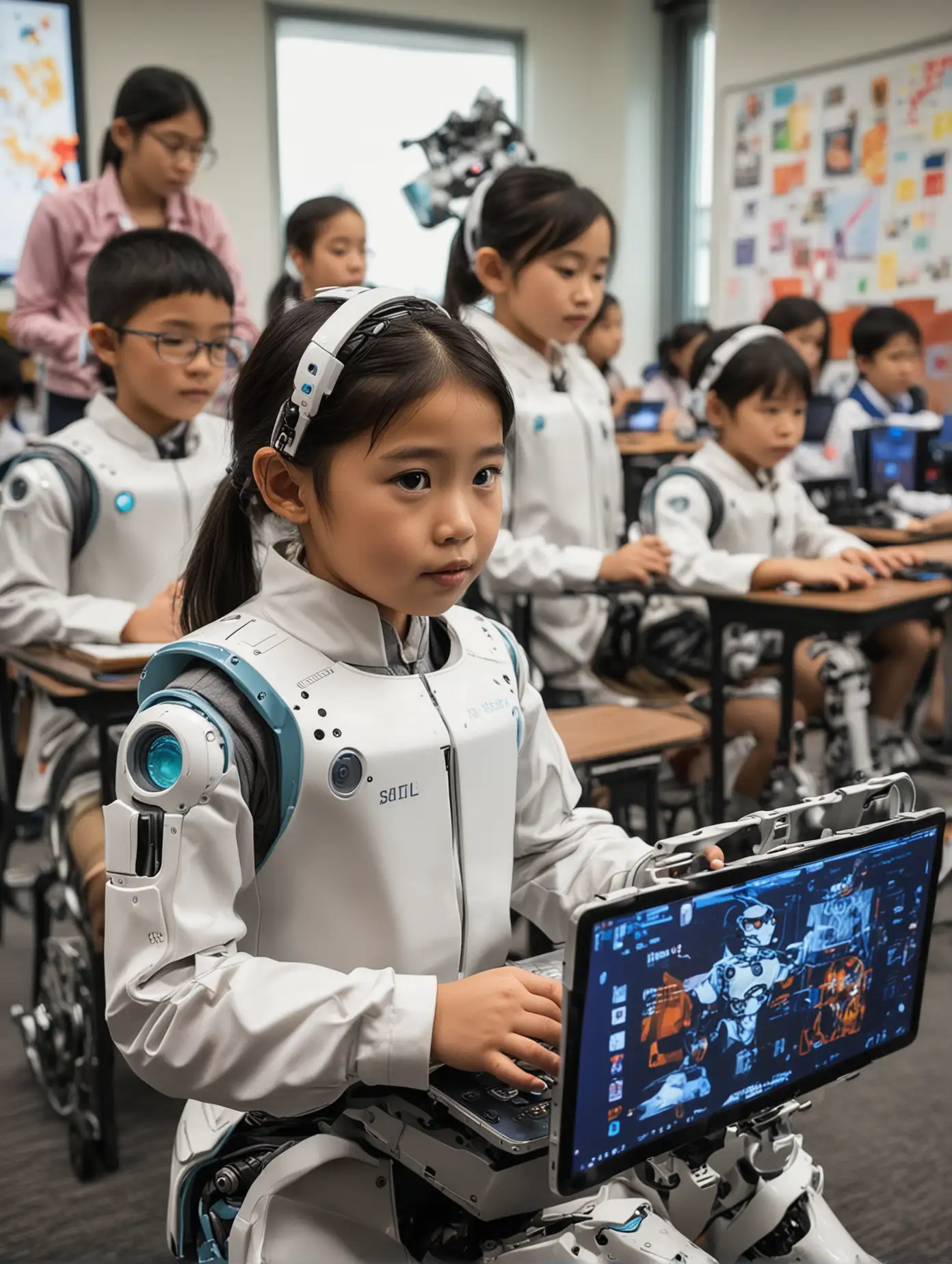 Imagine the future of education empowered by artificial intelligence, where asian children are surrounded by advanced technology and innovative learning tools that unlock new possibilities for exploration and growth. Picture a bright, vibrant classroom filled with interactive screens, robots assisting in lessons, and students engaged in hands-on projects that blend coding, virtual reality, and machine learning. The atmosphere is one of excitement and curiosity, as young minds are nurtured to become the creators and pioneers of tomorrow.