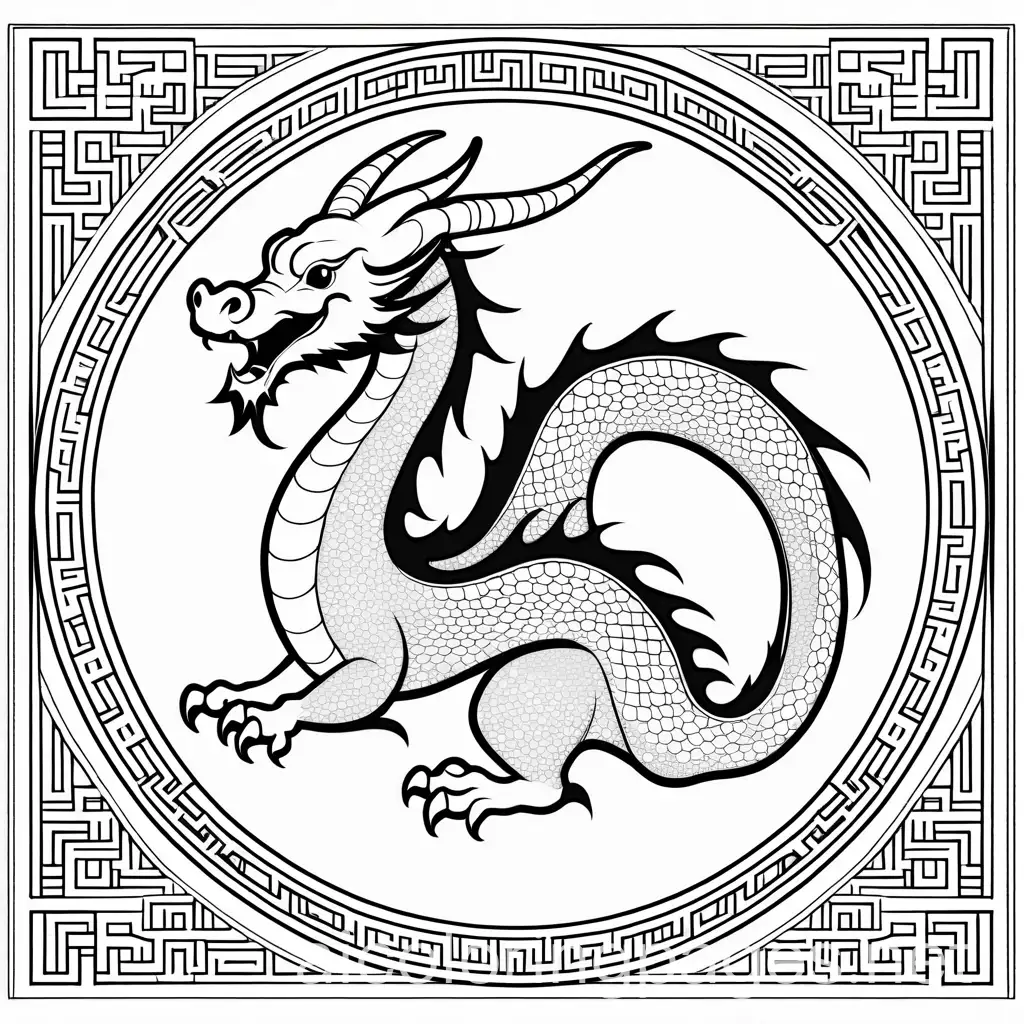 Chinese zodiac dragon, Coloring Page, black and white, line art, white background, Simplicity, Ample White Space. The background of the coloring page is plain white to make it easy for young children to color within the lines. The outlines of all the subjects are easy to distinguish, making it simple for kids to color without too much difficulty