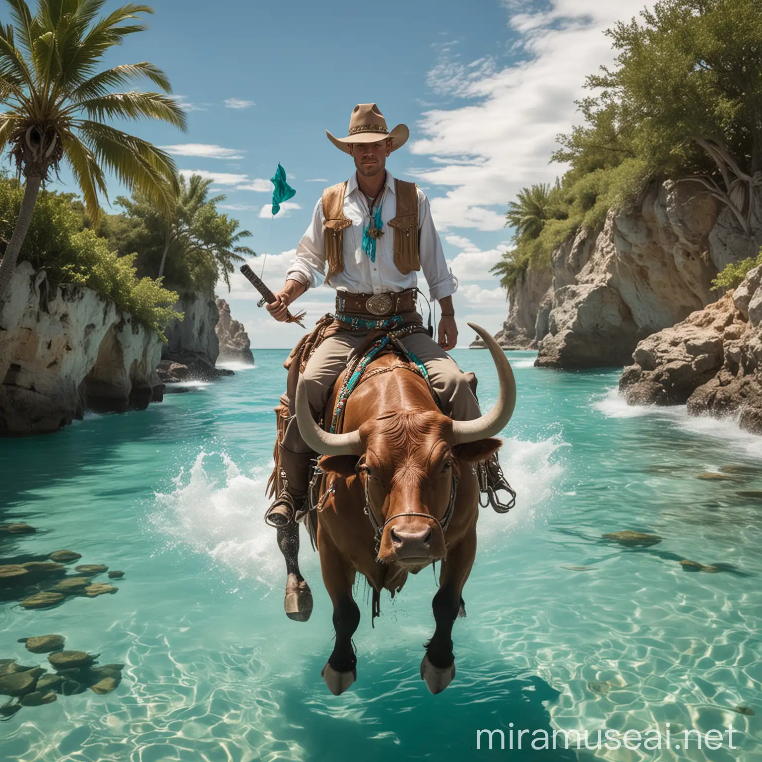 Pioneer Male Cowboy Jedi Riding Fearless Bull in Paradise with Turquoise Waters and Floating Dollar Signs
