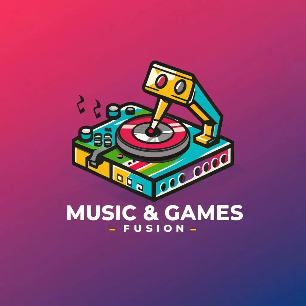 a logo design,with the text "Music & Games Fusion", main symbol:console dj and Joypad,complex,be used in Internet industry,clear background