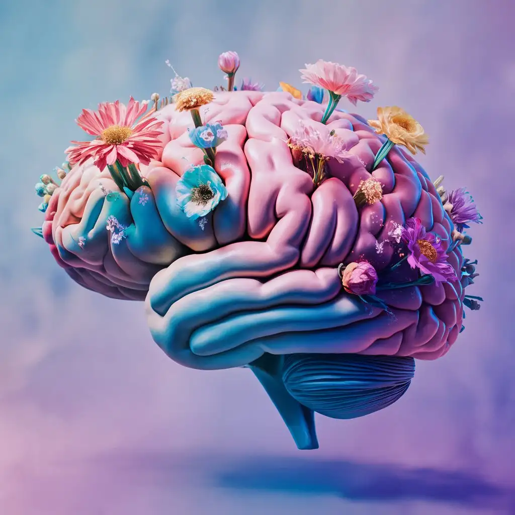 A colorful illustration of a brain with flowers growing from it.