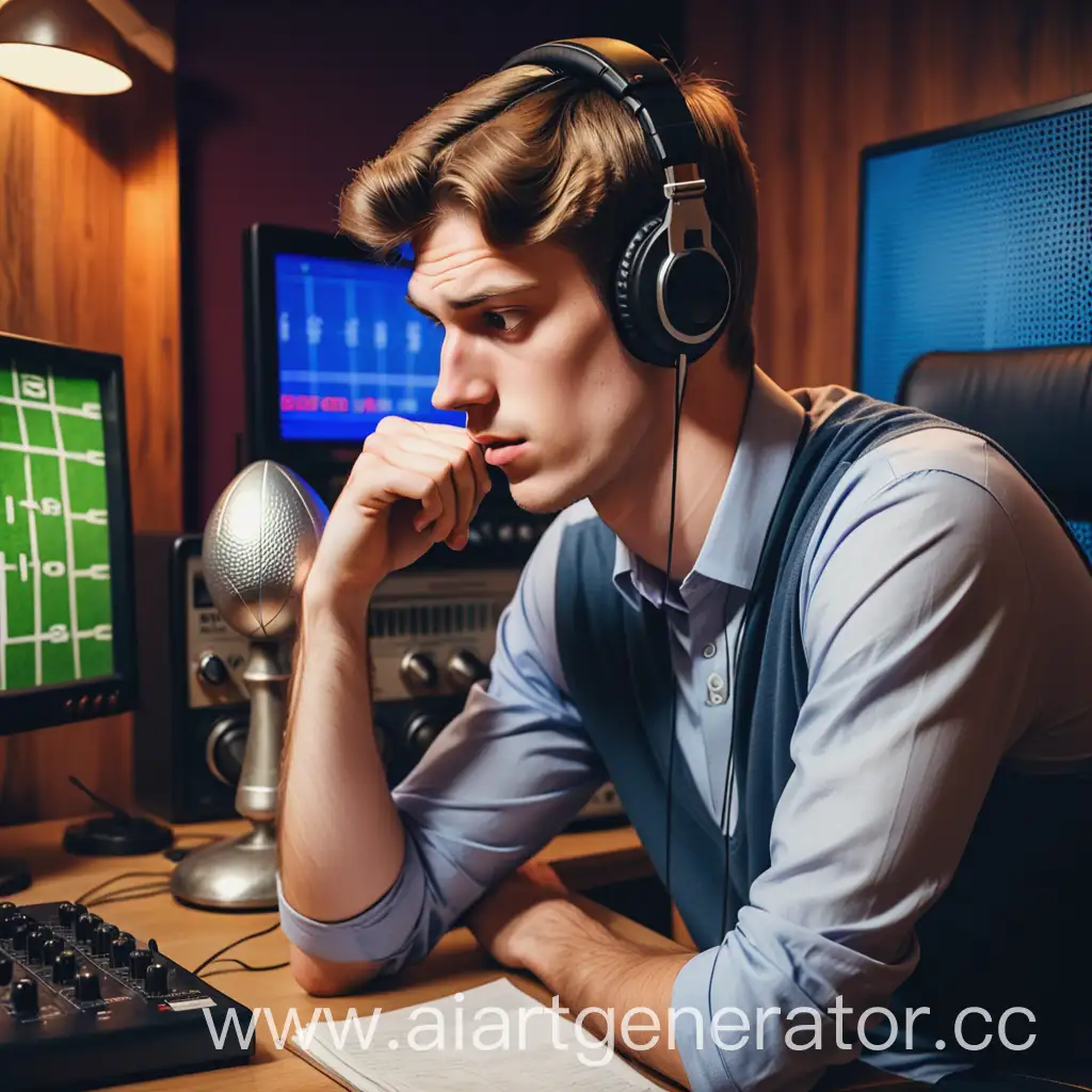 Молодой высокий человек размышляет о футболе работая на радио
