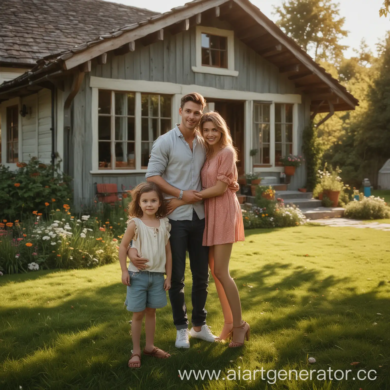 a happy family couple with the kid on the lawn in front of the cottage,natural light,cinematic volumetric light,natural colors,film look,film style,Kodak film,beautiful face,beautiful faces,realistic skin,natural soft ton of skin,harmonious proportions faces,balanced proportions faces,pro color palette, bright and juicy colors, pro photo portrait, pro shadows design, pro color tone mapping,elegant,pro color rendering,high end art,pro photo,photo focus,photographic, photorealistic,hyper realistic,highly detailed,shot on Nikon D850 camera by Julia Sariy, rtx 4080,8k,8k detailed,unreal engine 5,octane render,txaa,fkaa,rtx 3080  , wide-angle shot, warm color grading, soft focus
