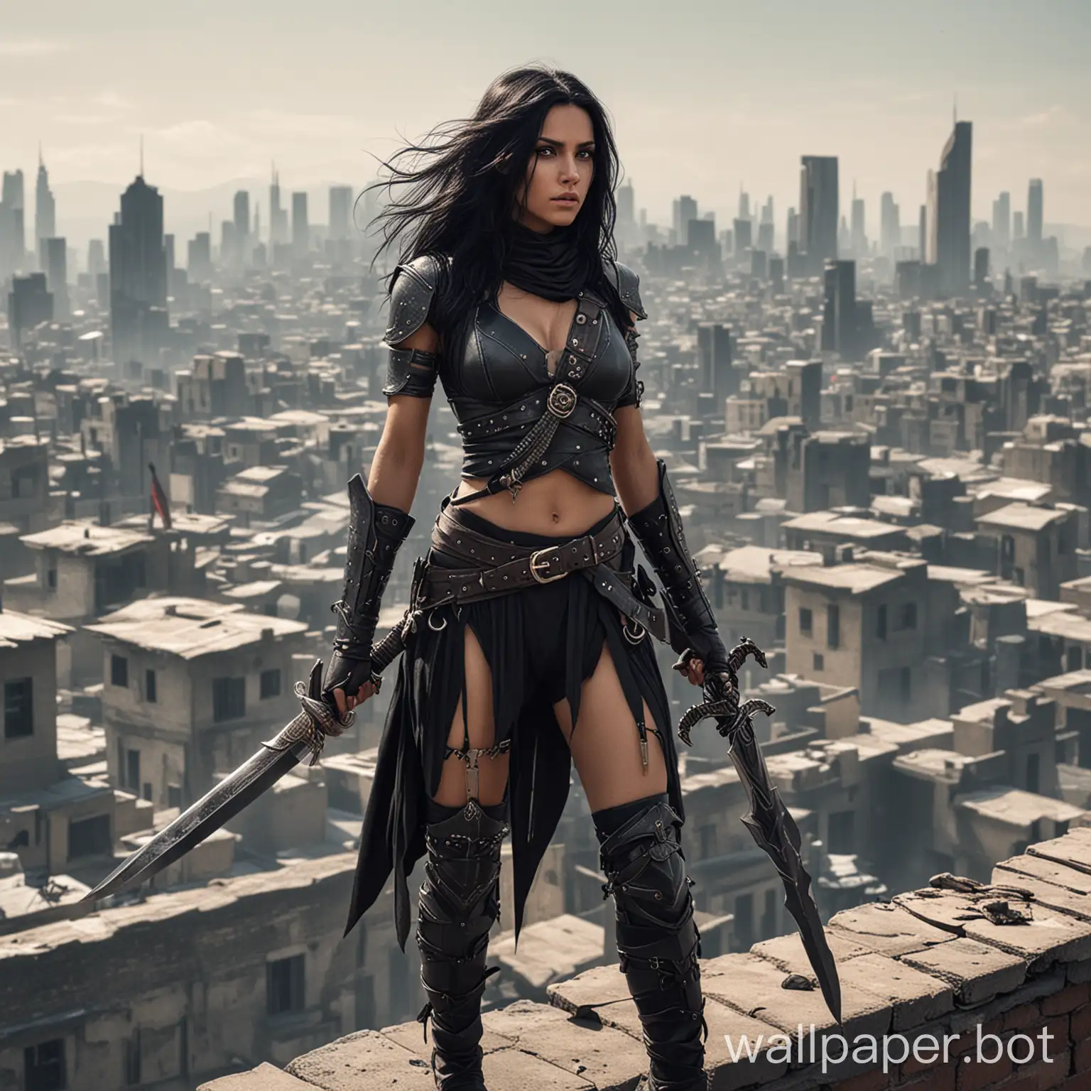 A Miq'te Assassin, with long black hair standing on a rooftop, with one long mithril dagger in each hand.