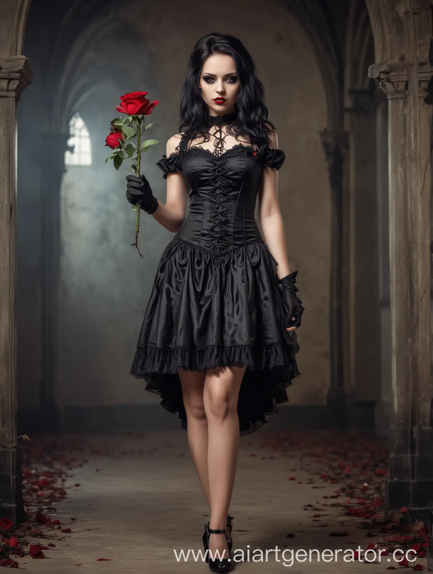 Elegant-Gothic-Lady-Holding-Rose-in-Short-Dress-and-High-Heels