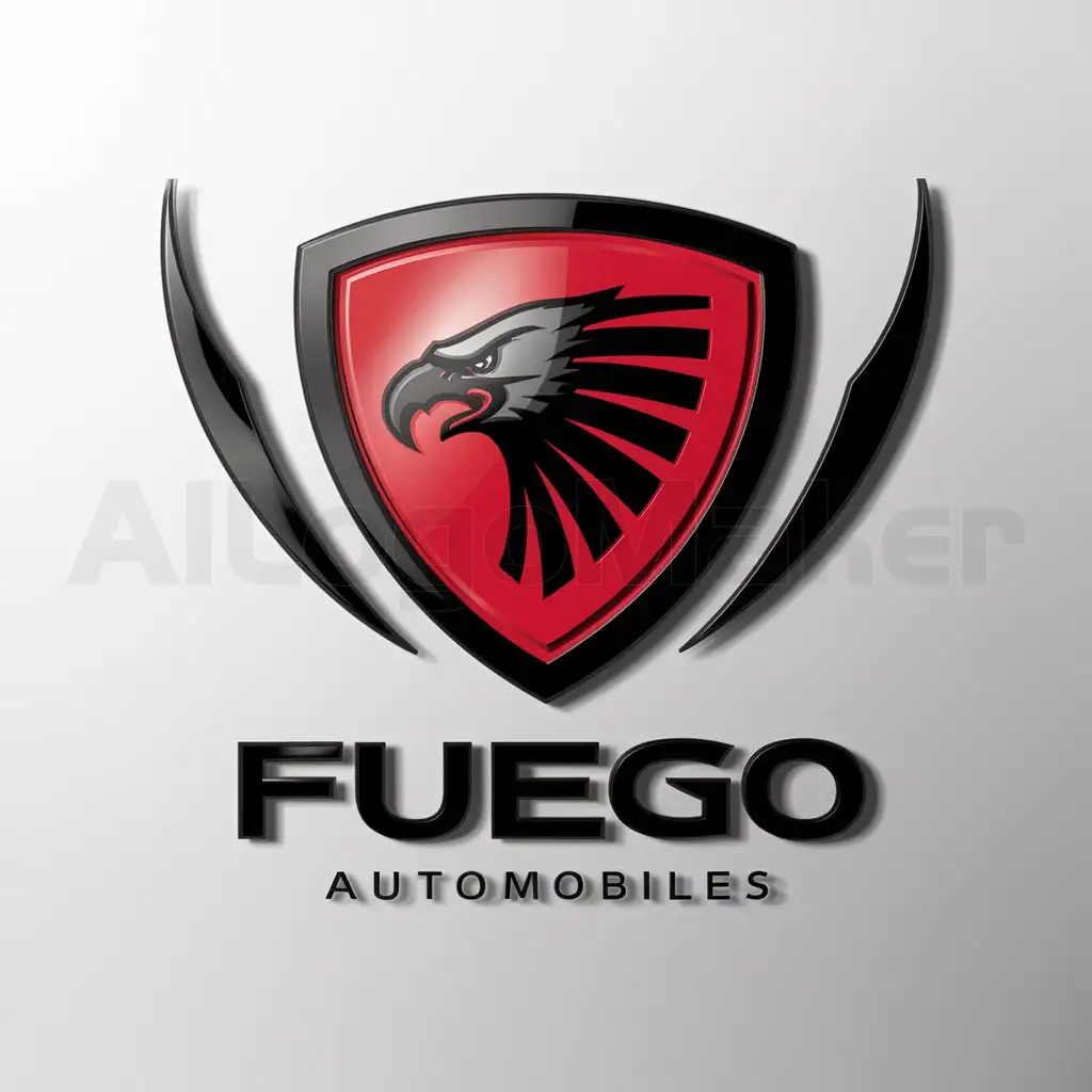 a logo design,with the text "FUEGO Automobiles", main symbol:A red shield with a black outline with a black eagle inside the shield that says FUEGO on the bottom of the shield.,complex,be used in Automotive industry,clear background
