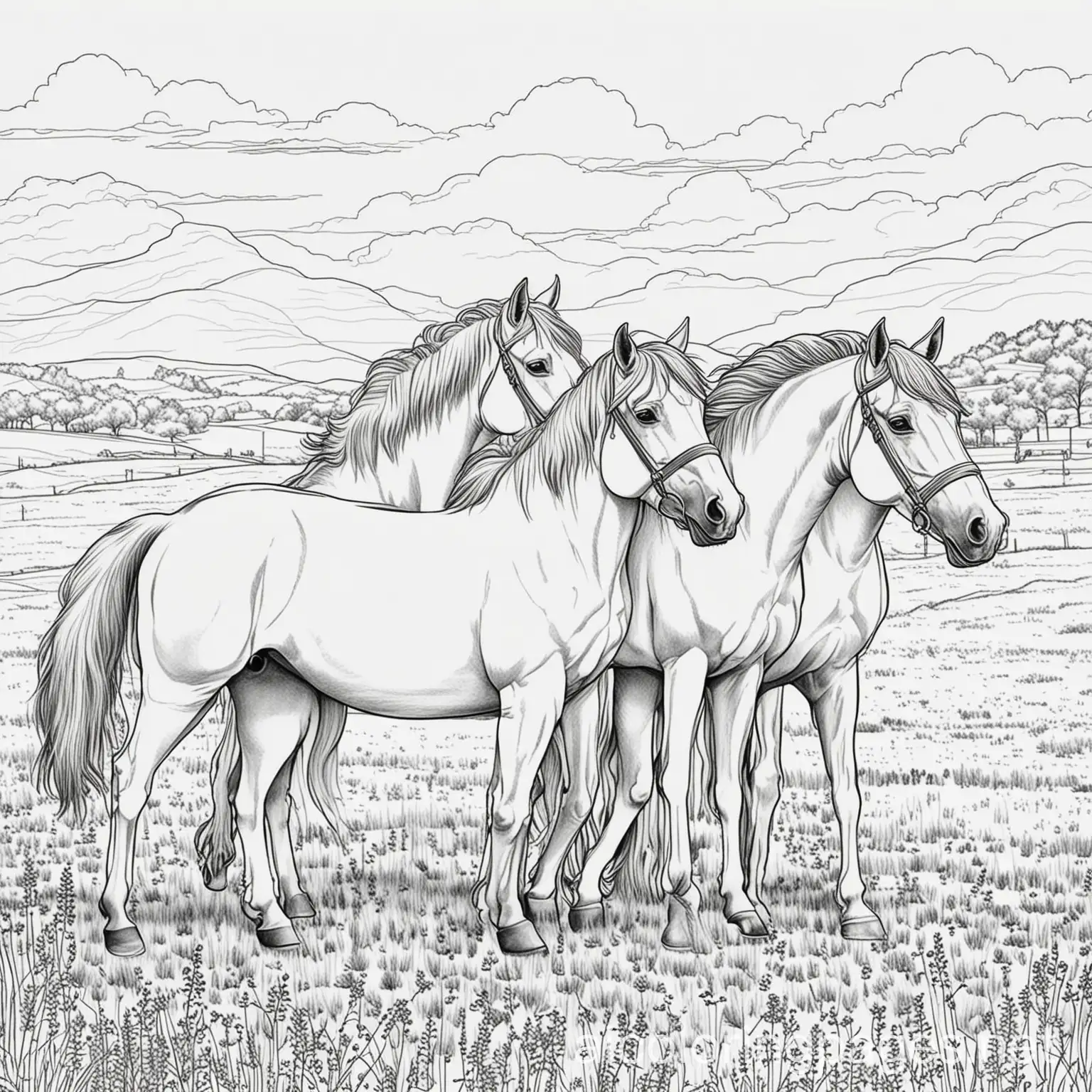 horses in field, Coloring Page, black and white, line art, white background, Simplicity, Ample White Space. The background of the coloring page is plain white to make it easy for young children to color within the lines. The outlines of all the subjects are easy to distinguish, making it simple for kids to color without too much difficulty