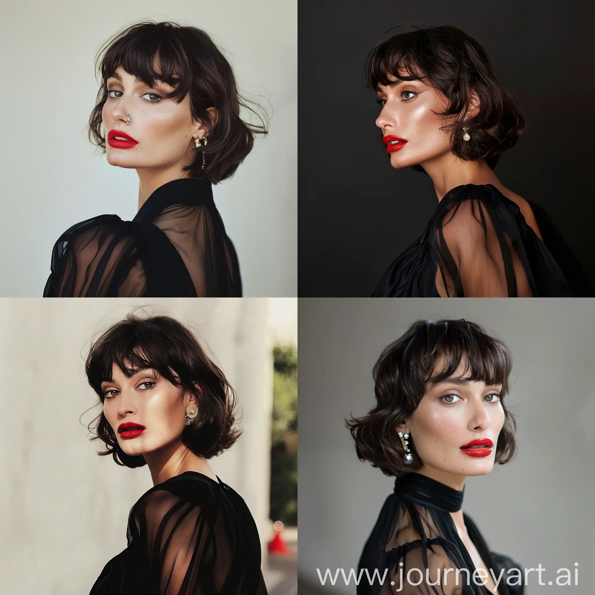 Professional photograph of a gorgeous super model with short hair, bangs, profile shot