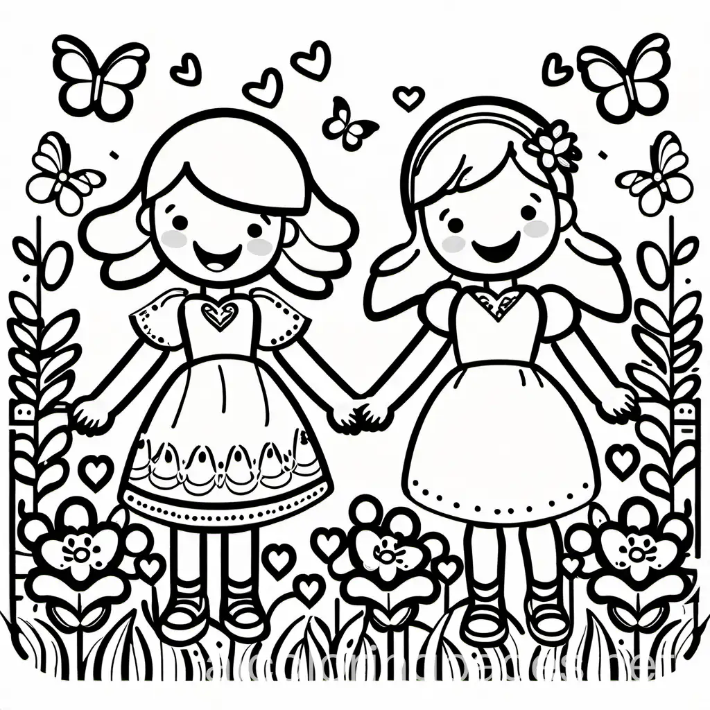 best friends,  flowers and butterflies, singing, happy, hearts, Coloring Page, black and white, line art, white background, Simplicity, Ample White Space. The background of the coloring page is plain white to make it easy for young children to color within the lines. The outlines of all the subjects are easy to distinguish, making it simple for kids to color without too much difficulty