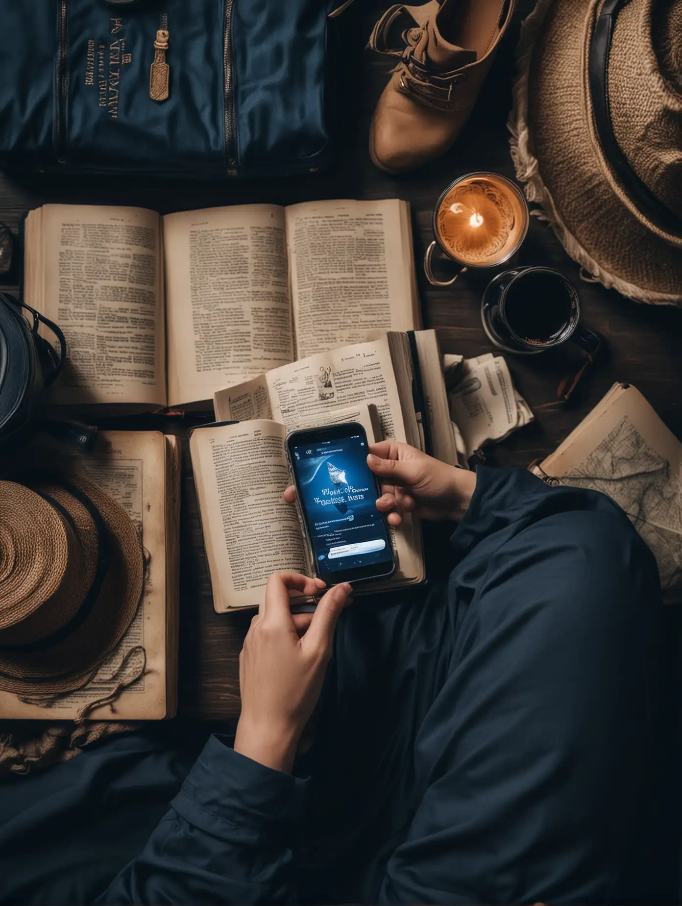 dark blue theme. Professional photo of a person reading many travel books on her smartphone