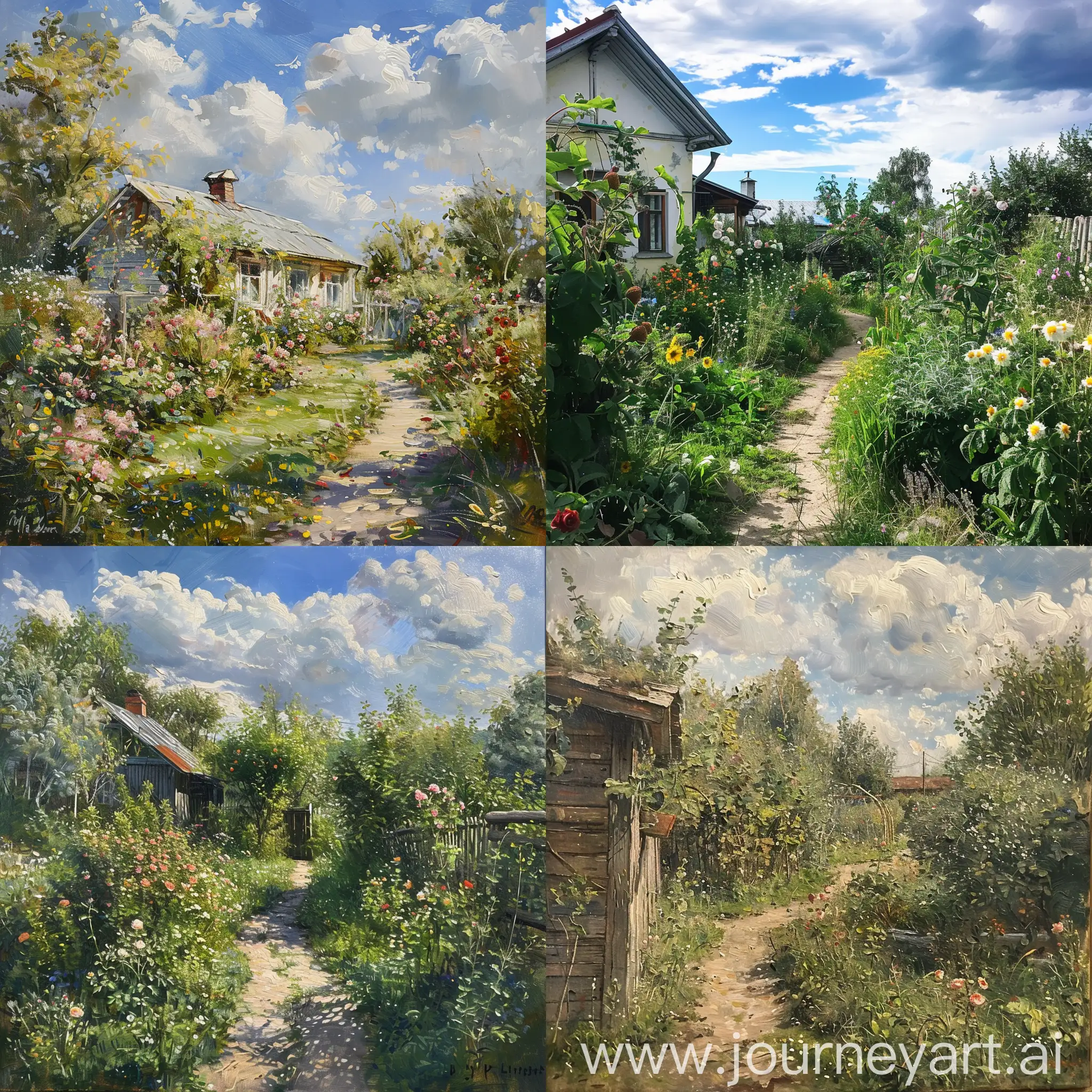 Scenic-Dacha-Cottage-Garden-Path-Under-Blue-Sky