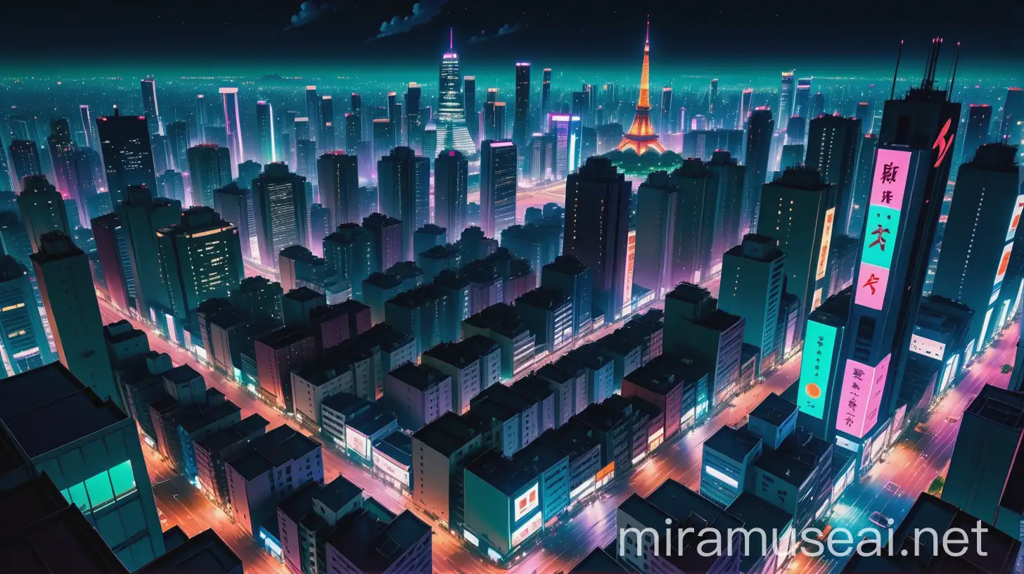 cinematic depiction of night time city scape from above, retro 90's anime graphics, inspired by neon evangelion