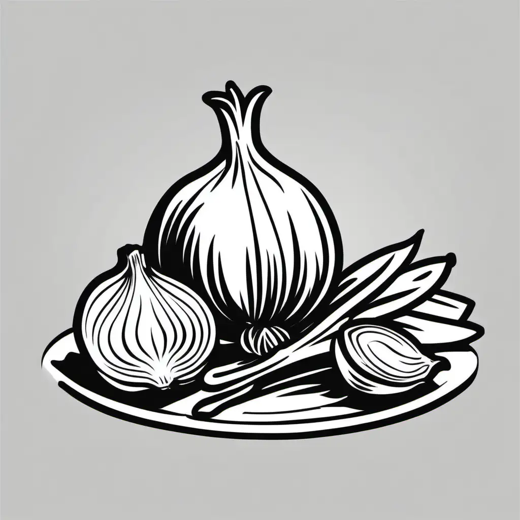 sketch outline drawing in the style of an icon. drawing of onion , garlic and other seasoning poweder for a logo