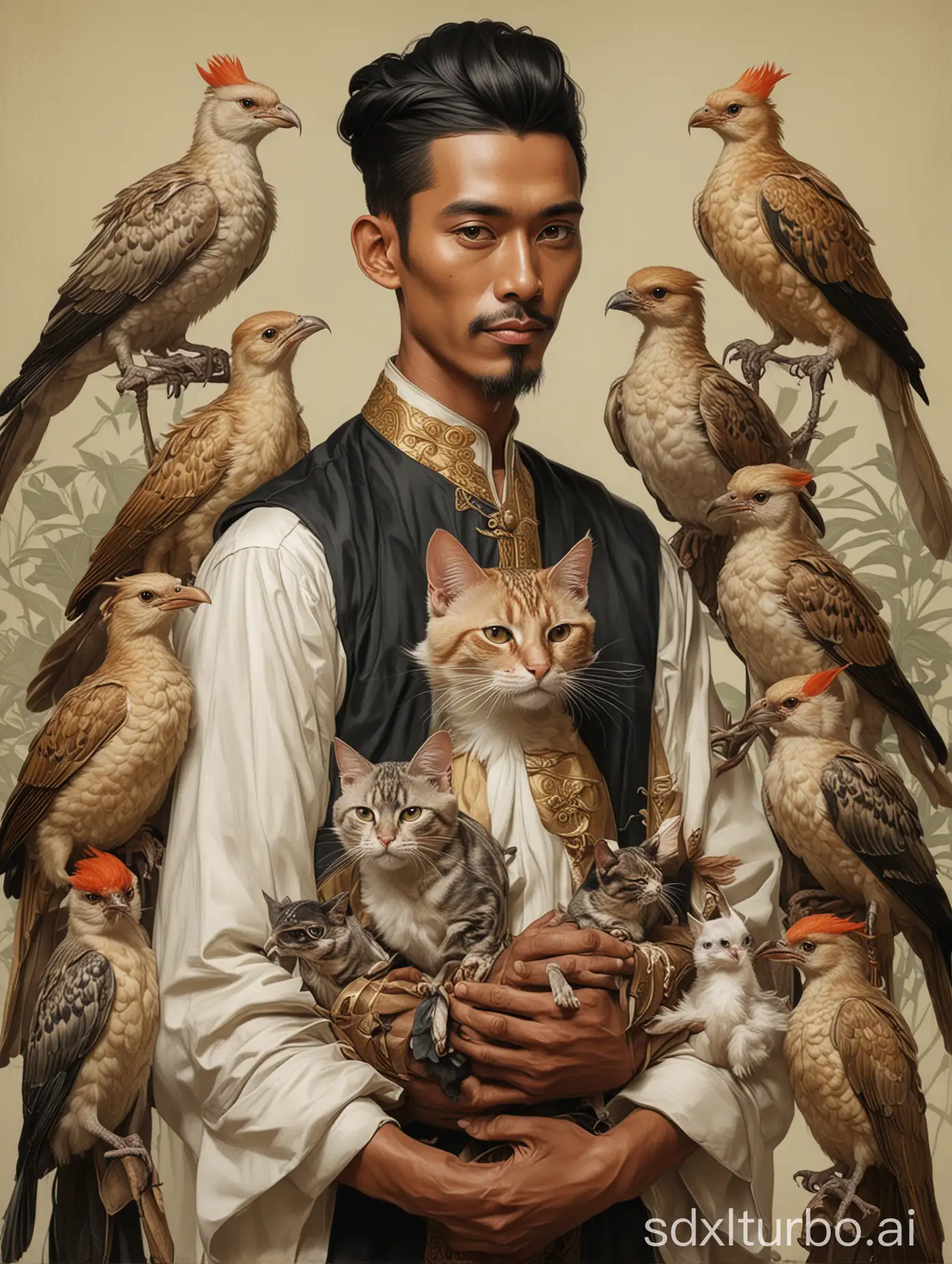 a group portrait of javanese men holding various birds-cat hybrid pets for a movie in Leyendecker illustration style
