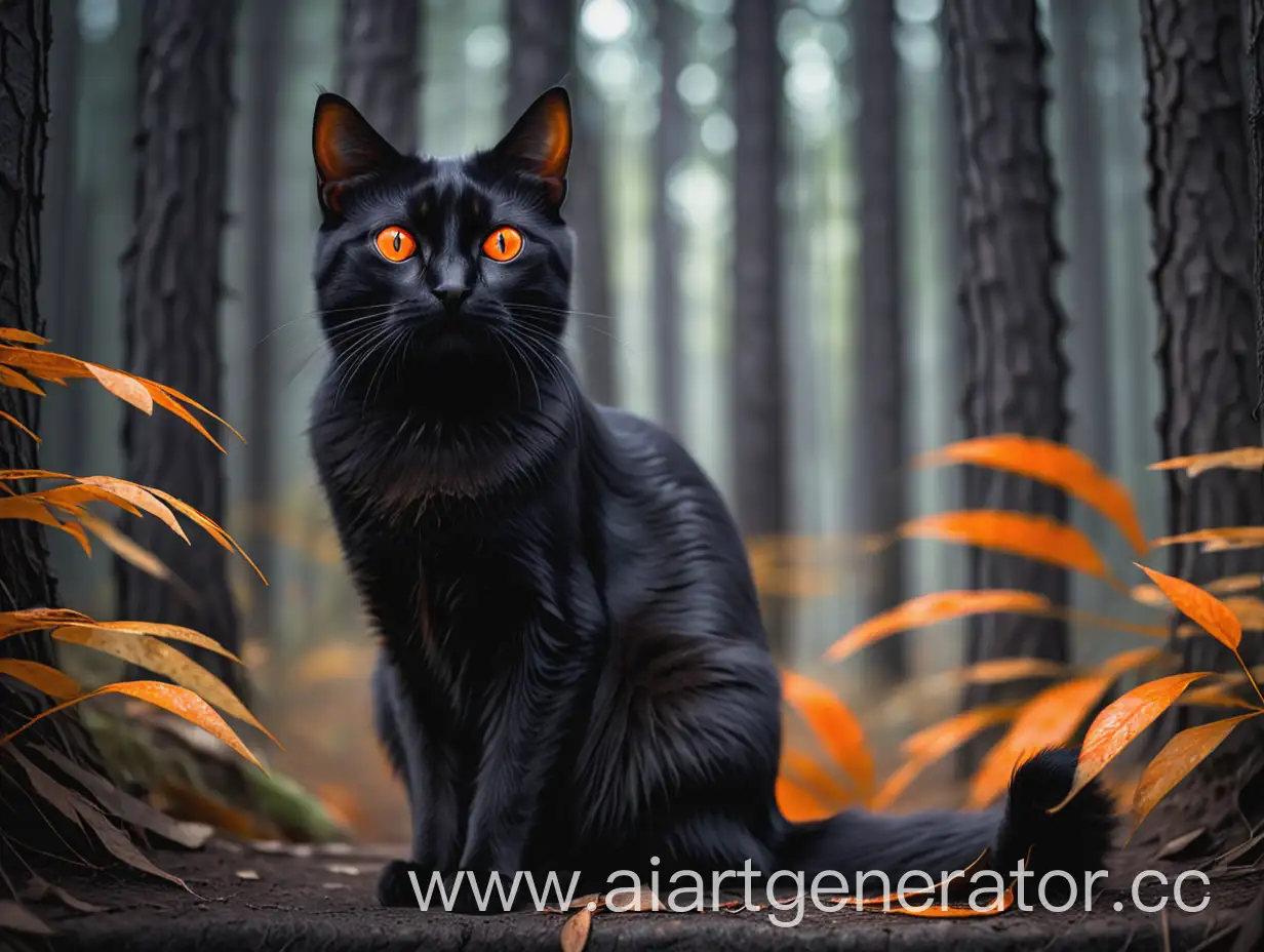 A black cat sits and looks with orange eyes at the forest