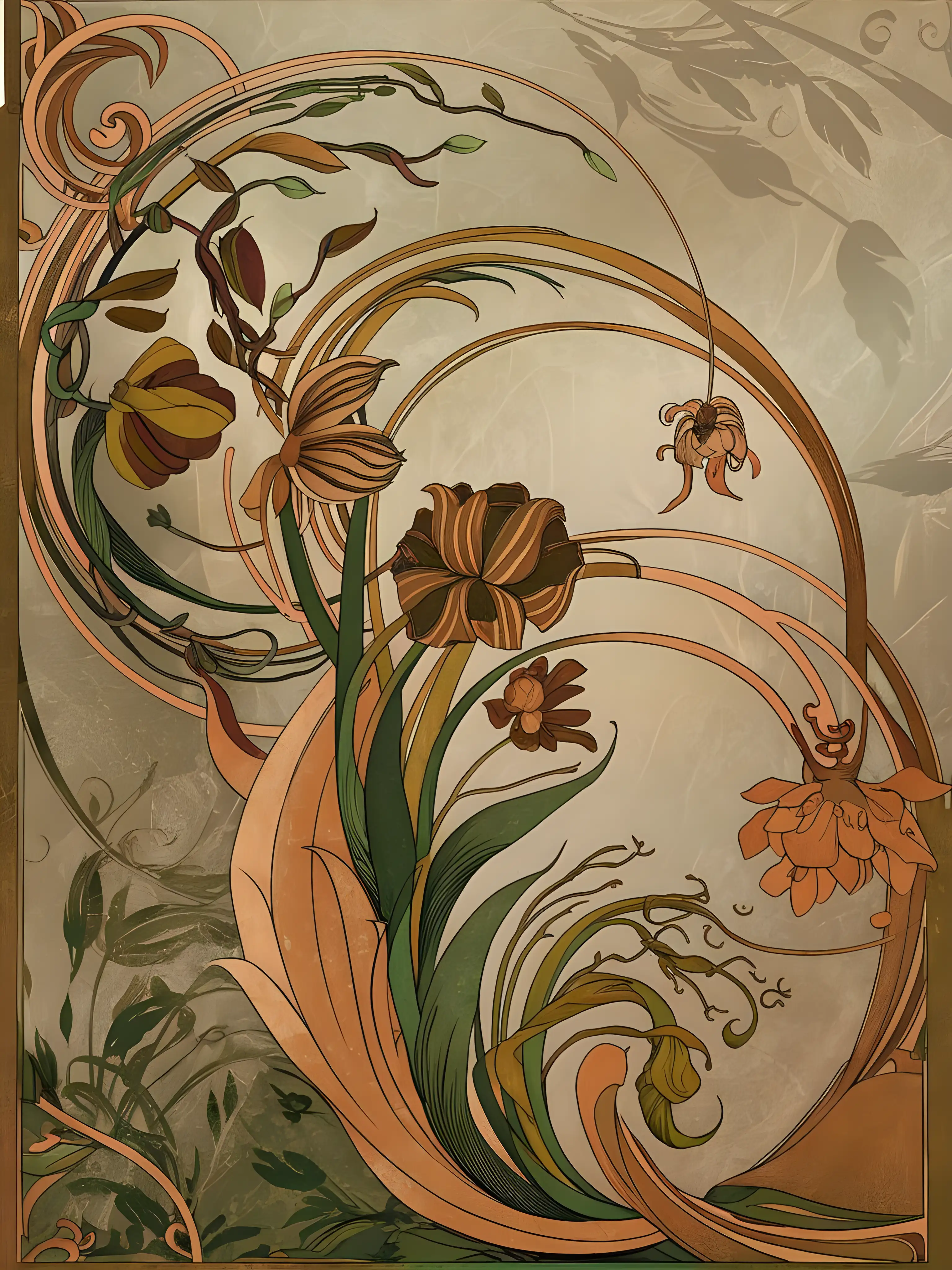Elegant Art Nouveau Print with Floral Motifs and Flowing Lines