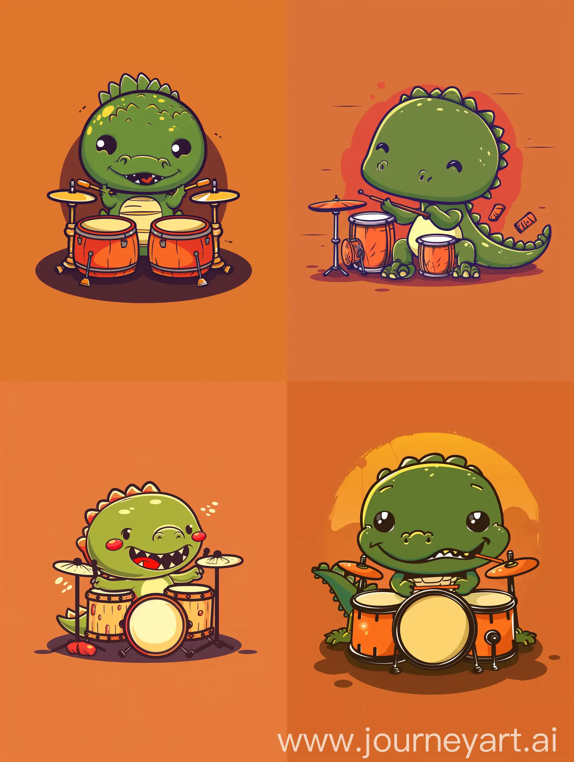thin line style chibi cute crocodile playing drums, with solid dark orange background, small object and center concentrated image, far view point