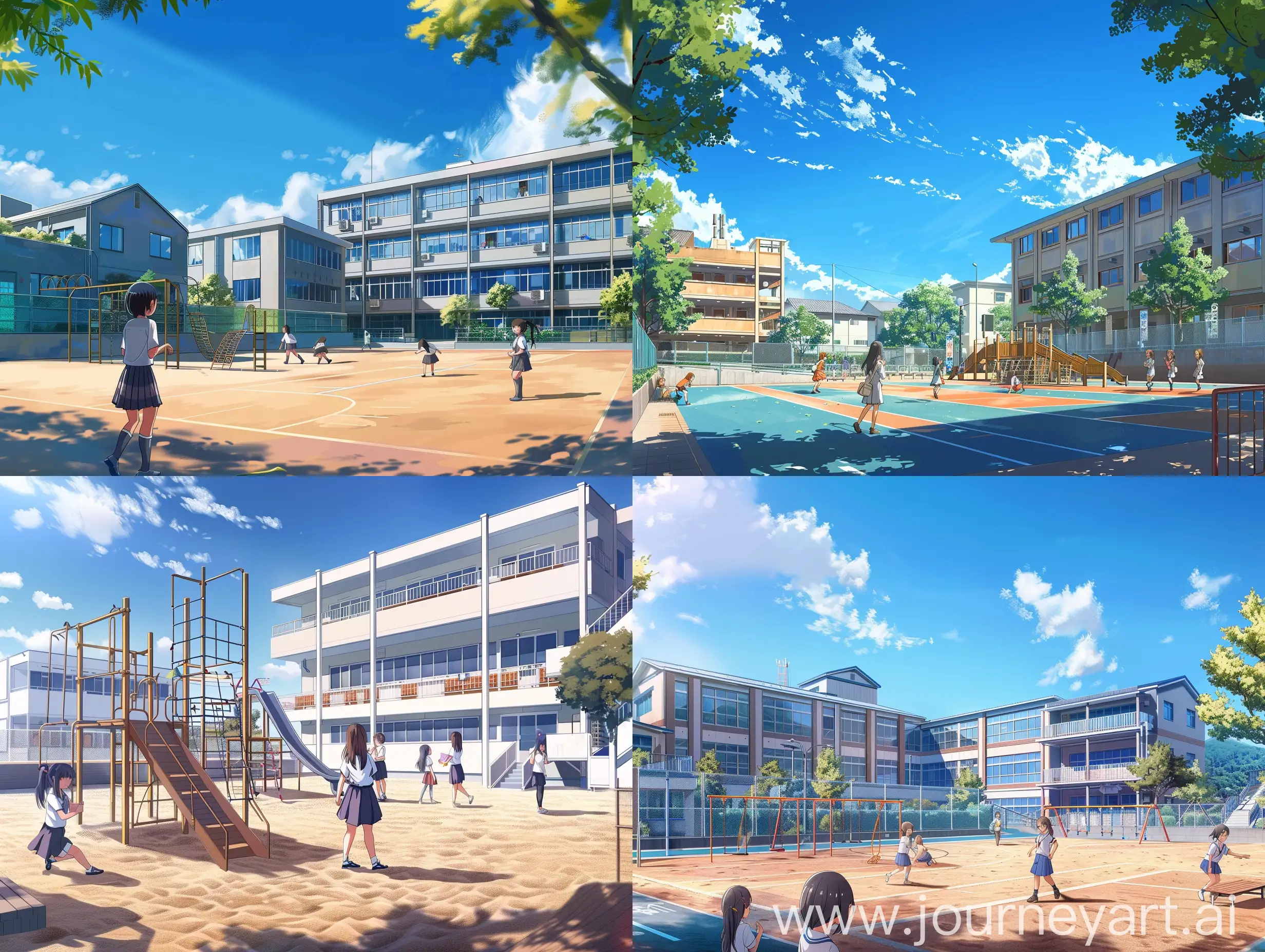 Japanese-Girls-High-School-Playground-Fun-Under-Clear-Blue-Sky