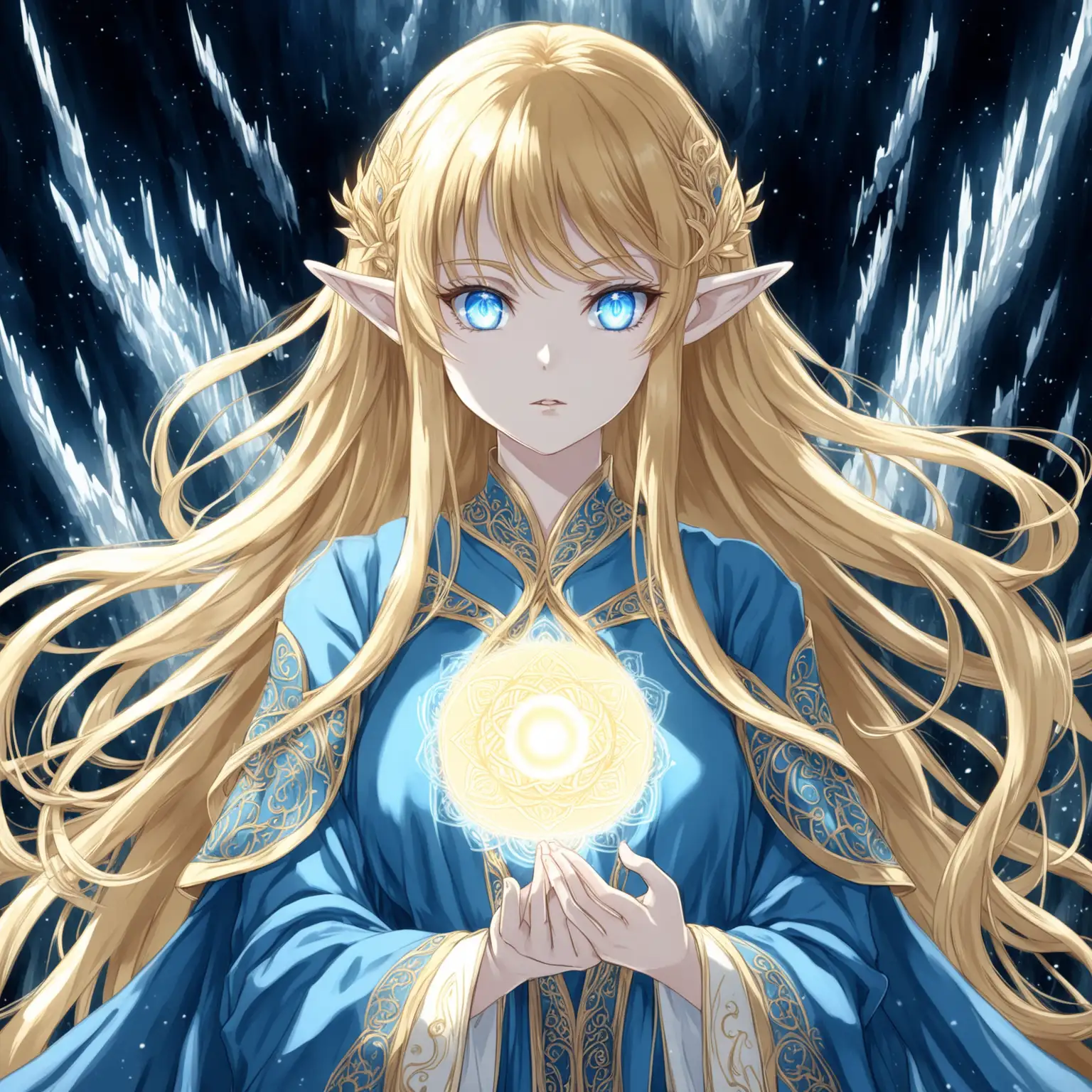 Anime girl, elf, blue eyes, golden hair, white aura, long hair, intricate blue robes