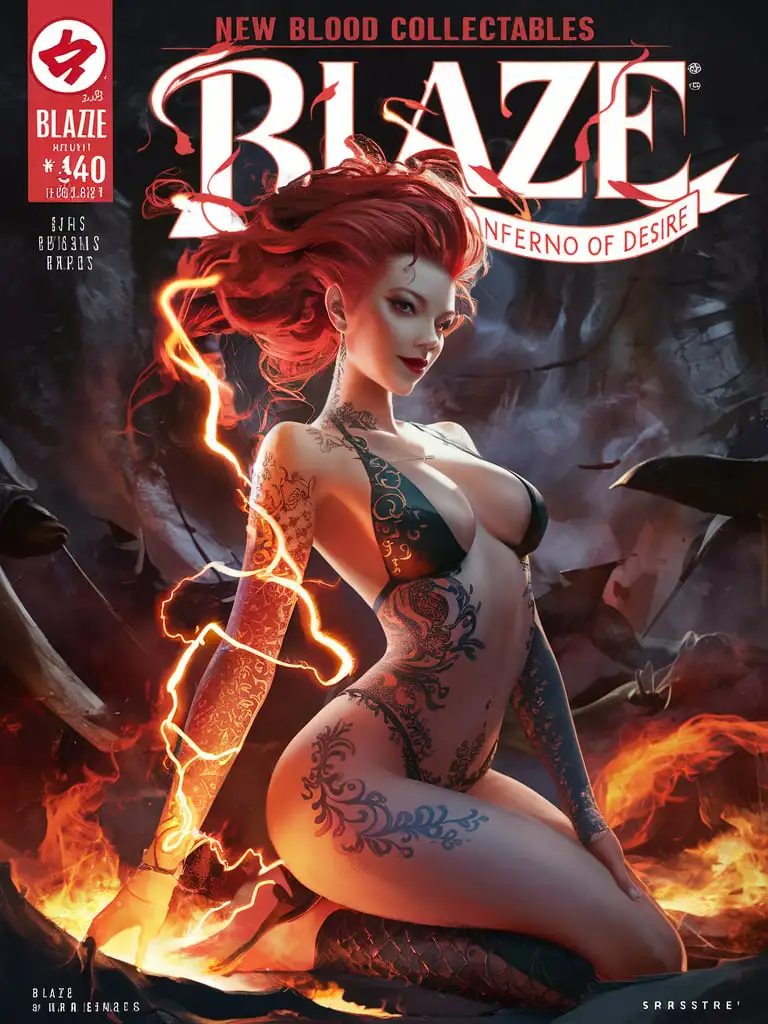 Design a Comic Book cover for title: "New Blood Collectables" featuring "Blaze: Inferno of Desire"
 the rise of Blaze, a seductive pyrokinetic who uses her charm and fire abilities to dominate the criminal underworld. Highlight her transformation from a passionate artist to a formidable villain after an experimental accident. Show her struggle for control over her powers and her quest for vengeance against those who wronged her, all while maintaining her allure and grace.