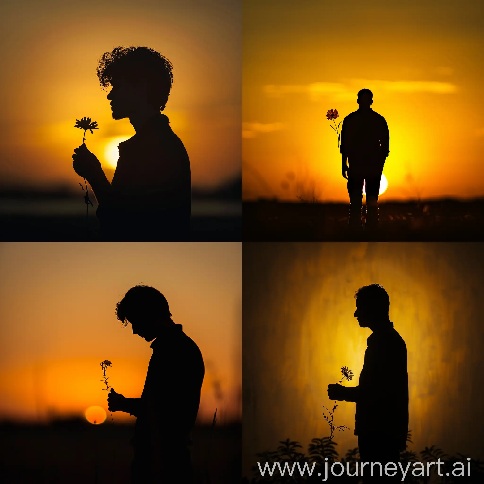 25 year men standing and holding a flower , background plain yellow sunset , dark black sbject , potrait