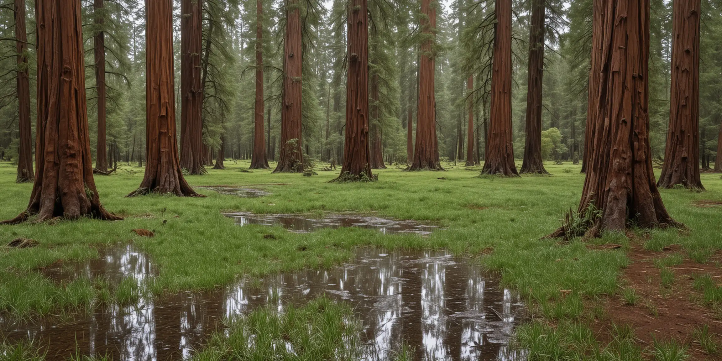 grassy field with puddles and redwood trees