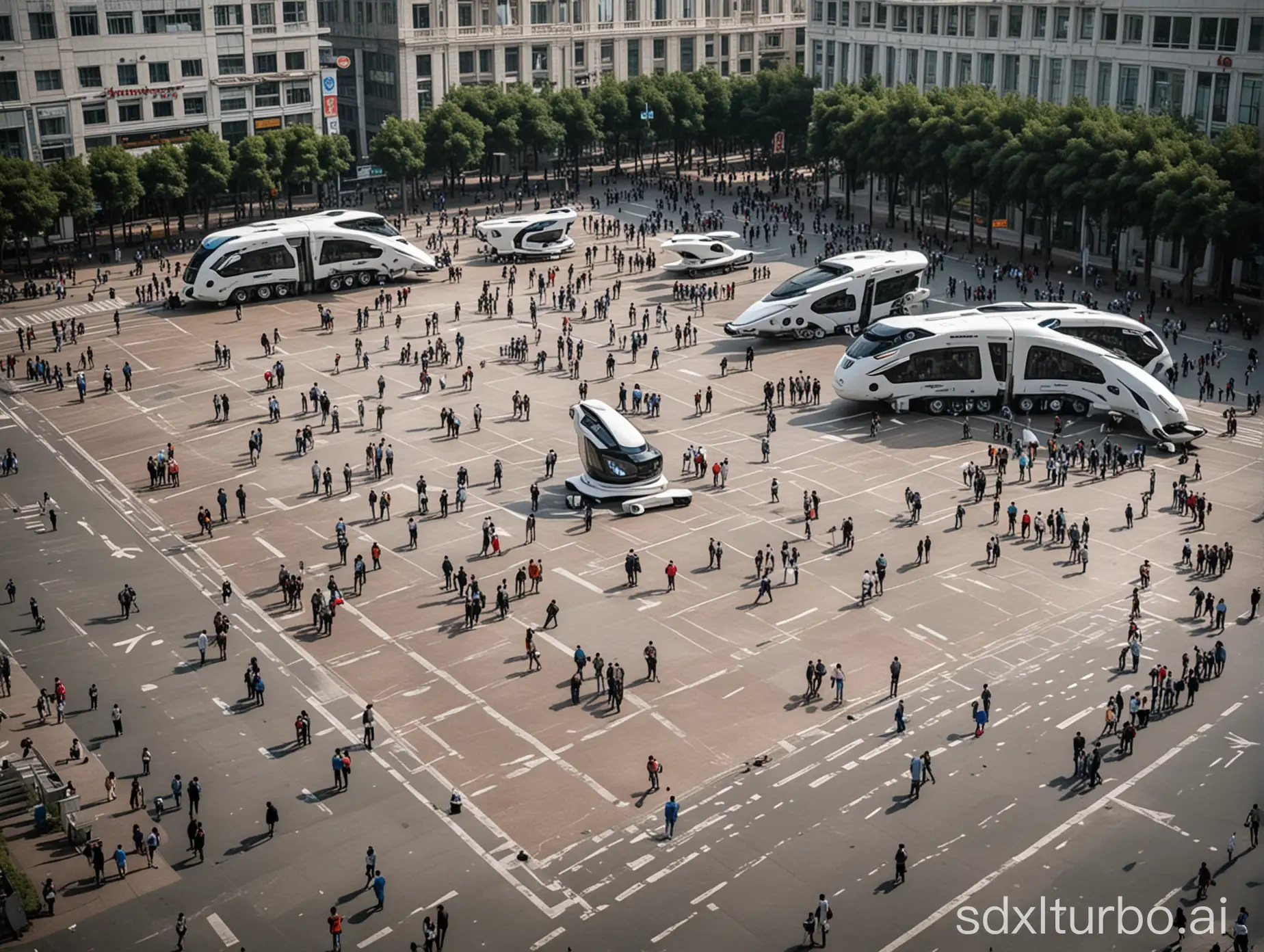 宽阔的人民广场，广场上有人类和机器人穿梭其中，体现出人机交互的场景
