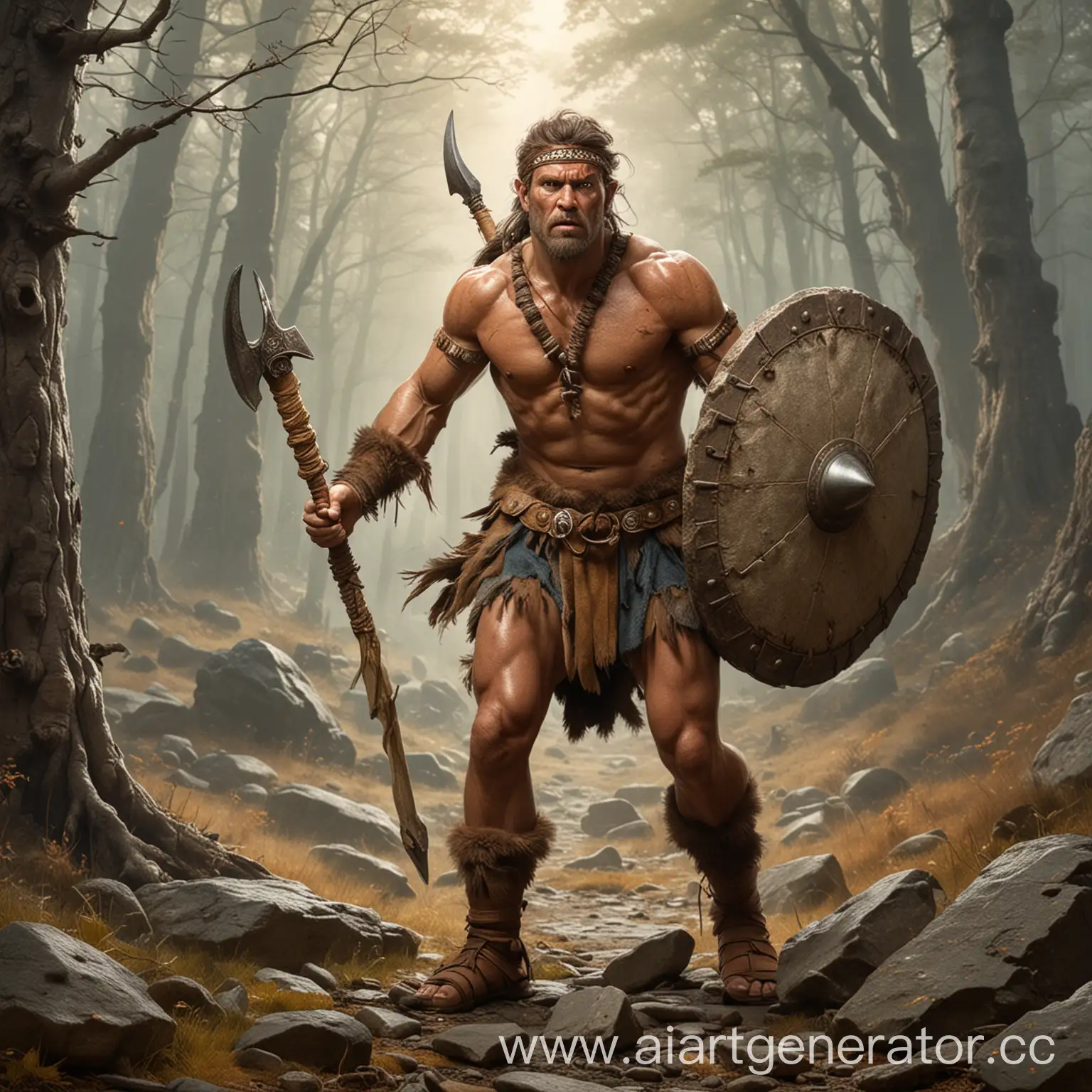 Ancient-Stone-Age-Warrior-Battling-Prehistoric-Creatures