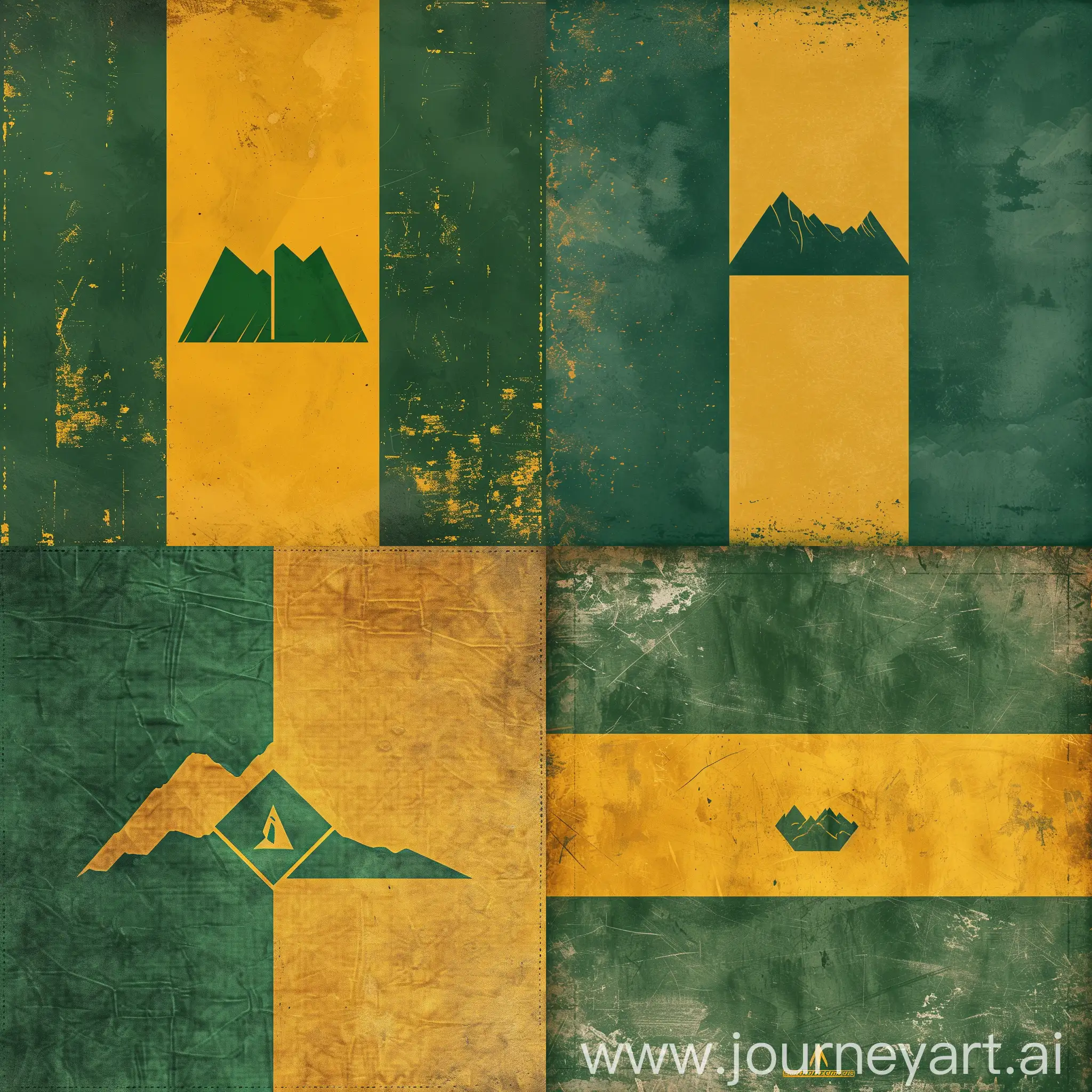Fictitious Flag of a Country. It has two colors, green and yellow, as well as a mountain symbol in the middle. It is inspired by existing flags. The country is quite diverse, with some desert areas and others tropical, as well as various parts with high altitudes.