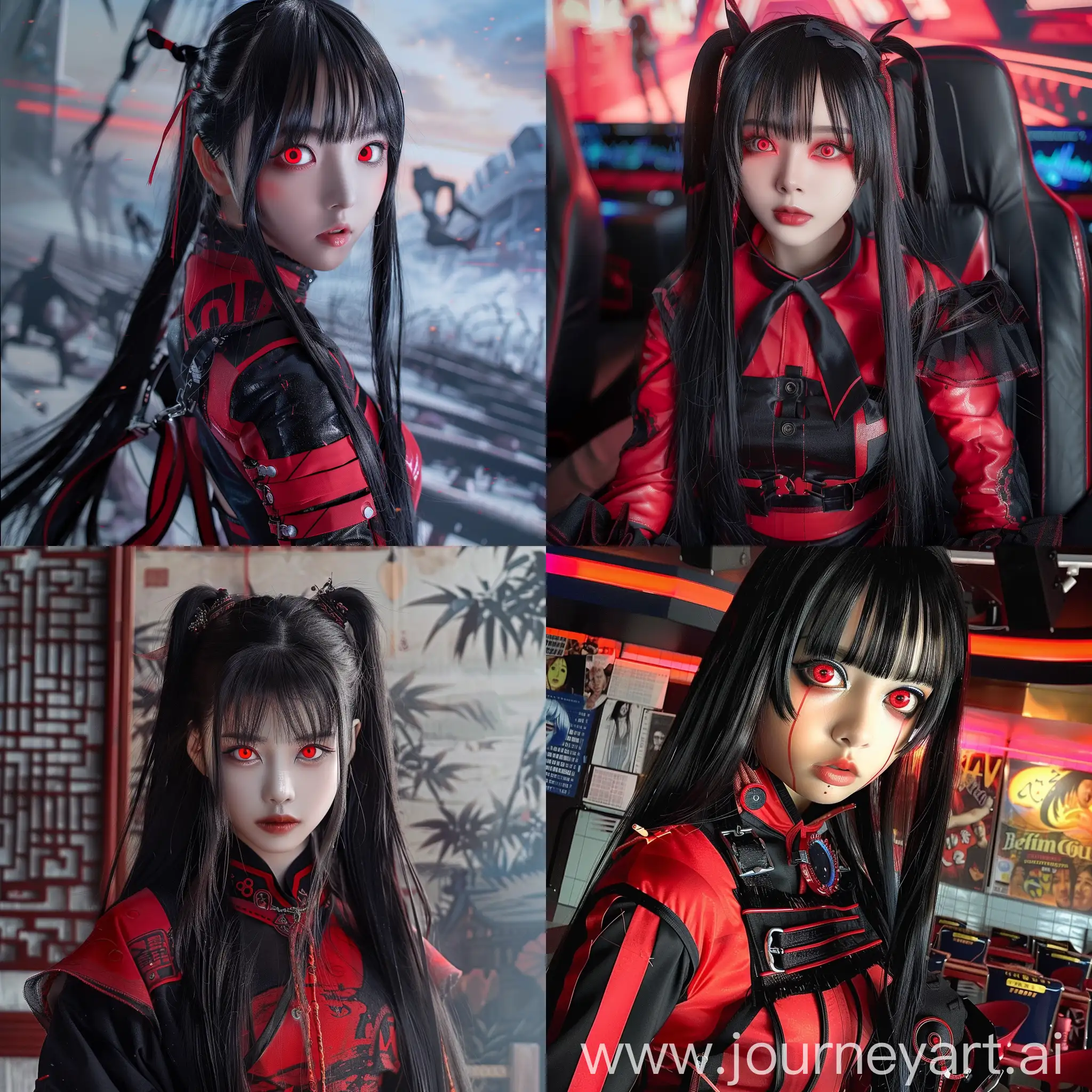 photo of a girl with long black hair, bright red eyes, red and black outfit, the background is a movie