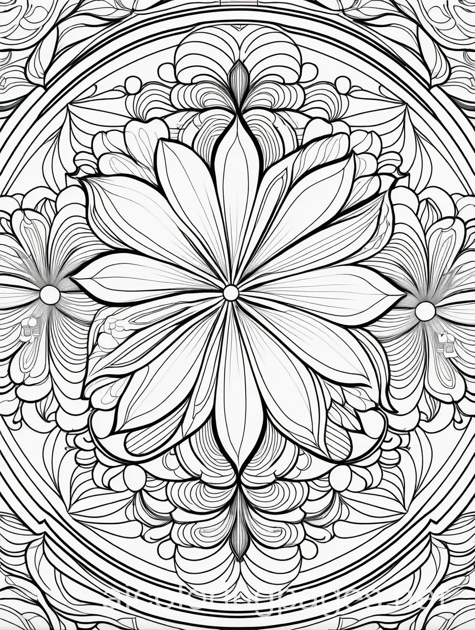 mandala flowers, Coloring Page, black and white, line art, white background, Simplicity, Ample White Space. The background of the coloring page is plain white to make it easy for young children to color within the lines. The outlines of all the subjects are easy to distinguish, making it simple for kids to color without too much difficulty