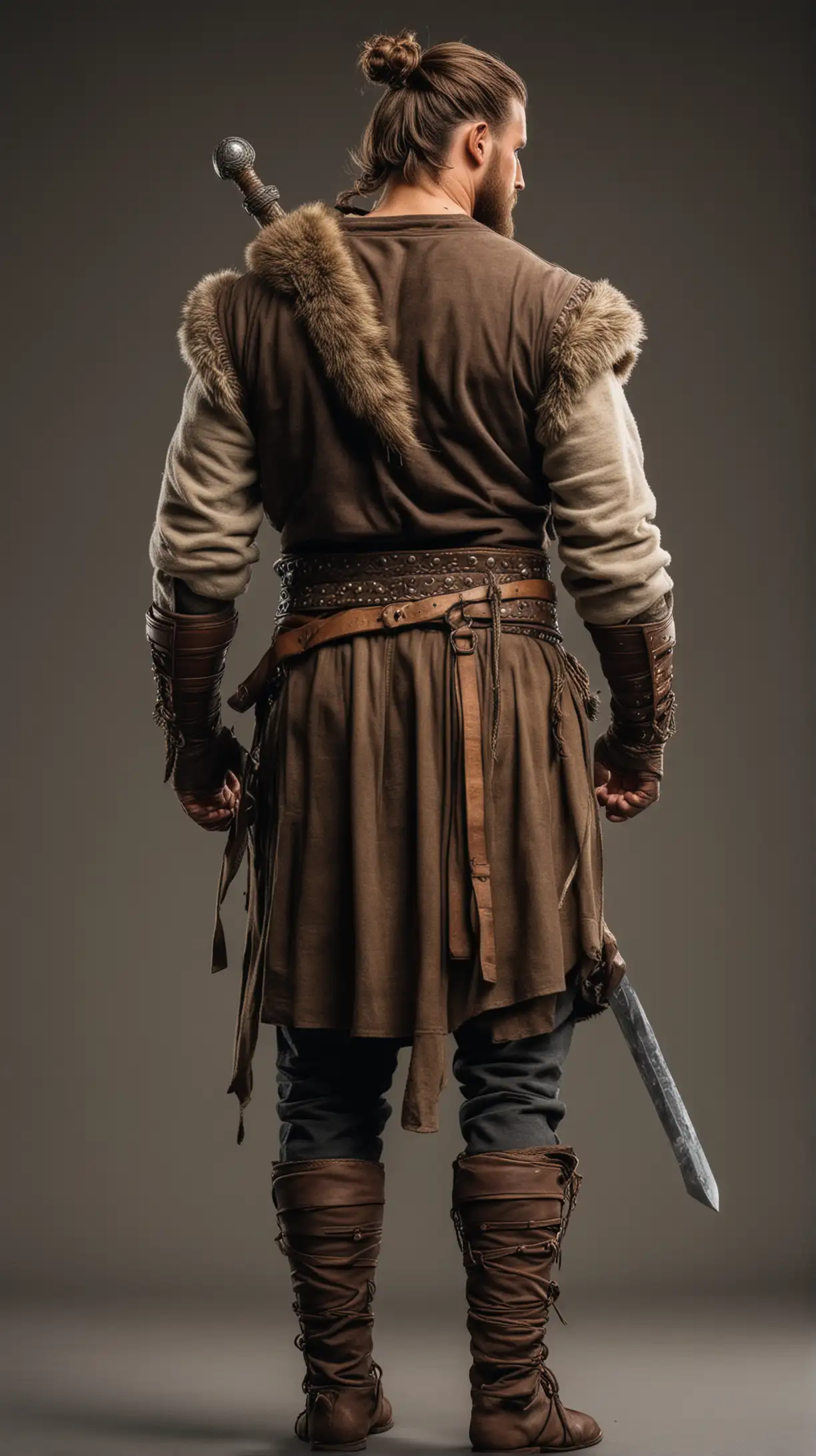 Muscular Viking Warrior with High Tied Man Bun and Fur Sleeves