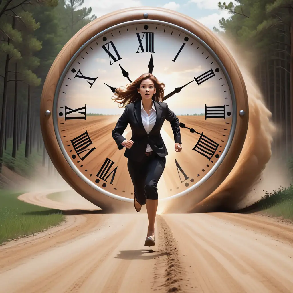 a businesswoman running away from us down a dirt road, looking back over her shoulder at us, being chased by a giant rolling clock made of light brown wood