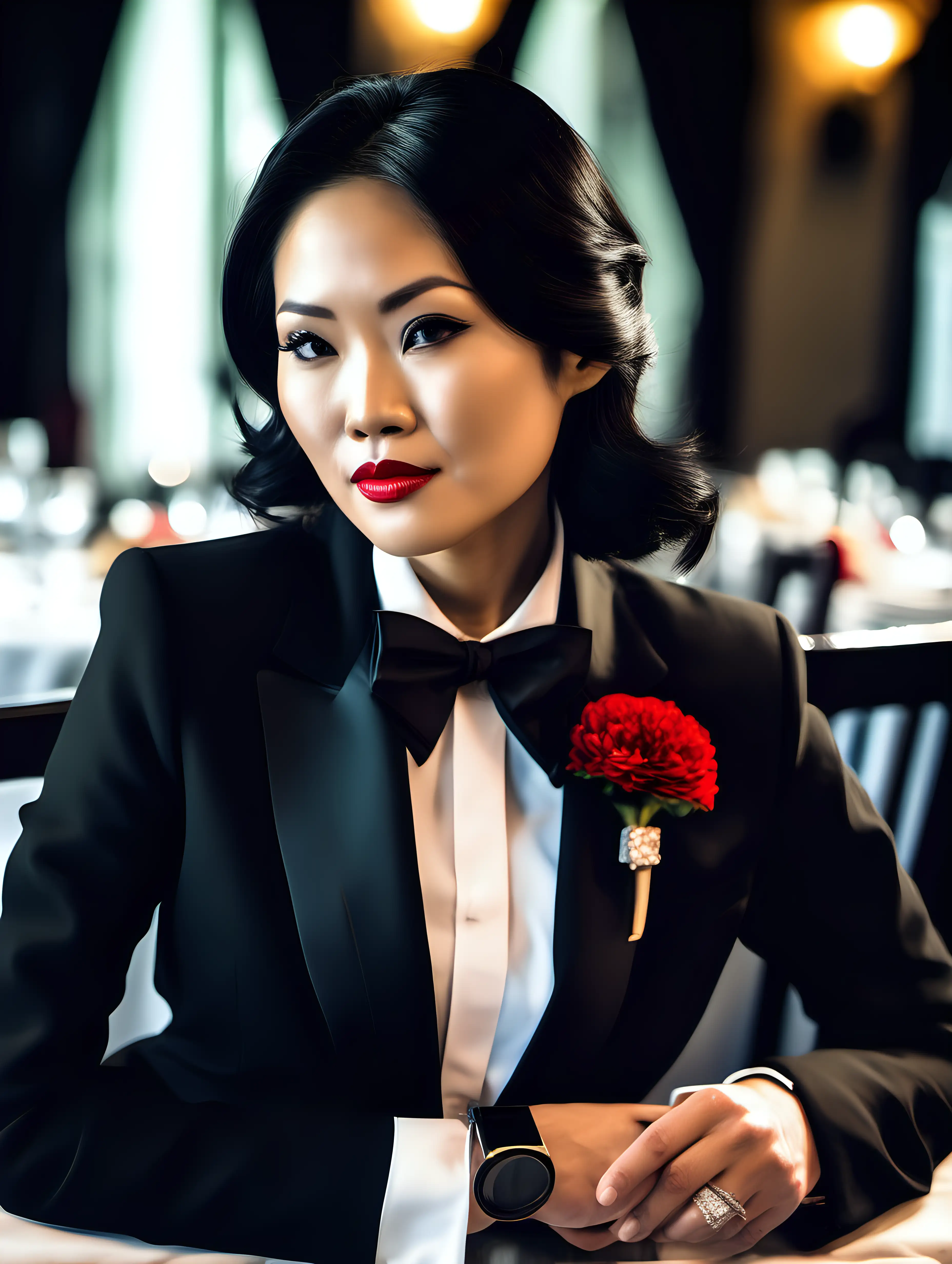 30 year old gorgeous and slightly smiling vietnamese woman with black shoulder length hair and red lipstick wearing a formal tuxedo with a black bow tie and big black cufflinks. Her jacket has a corsage. She is sitting at a dinner table.