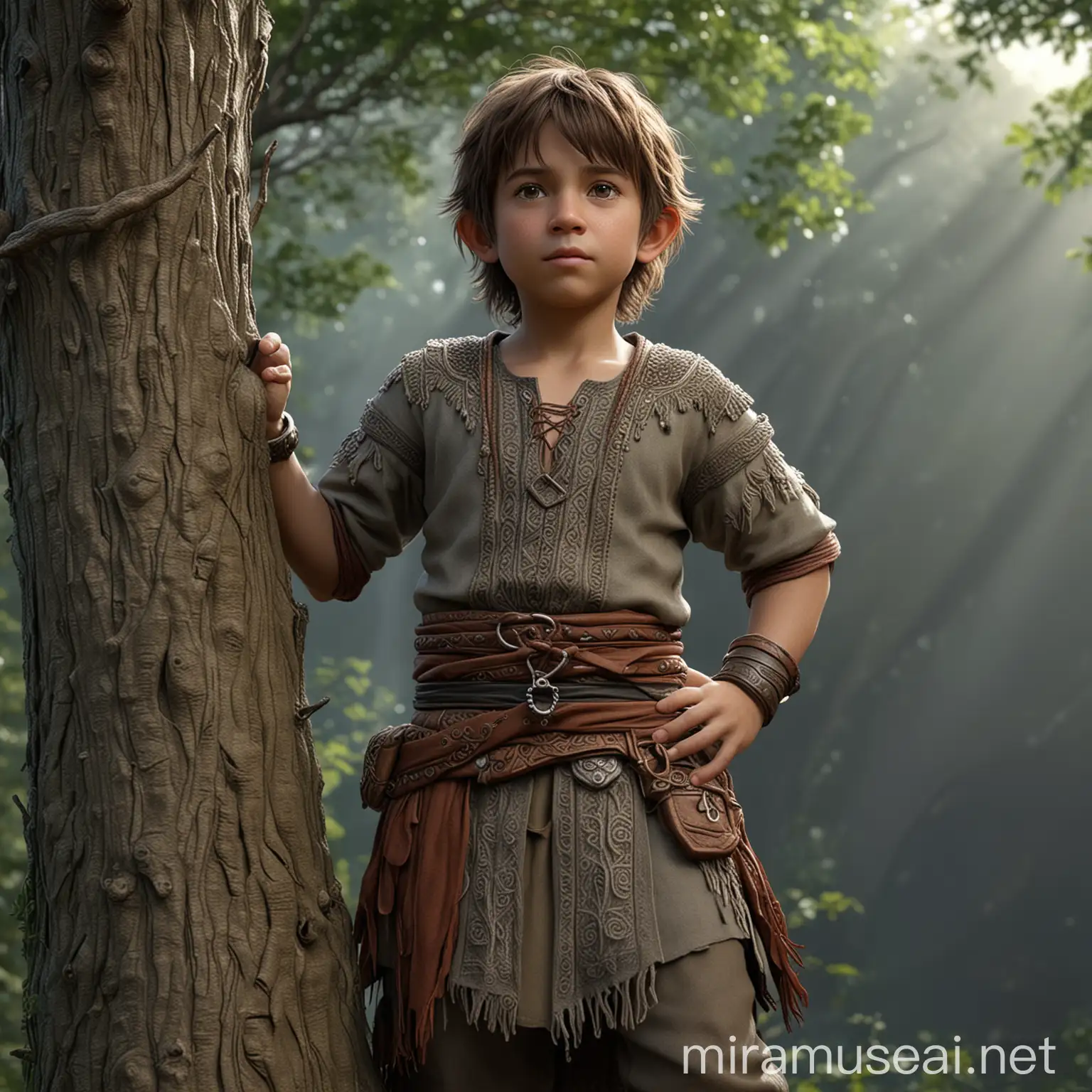 halfling in tribal clothes standing in tree, tan skin, brown hair, pale grey eyes, full body, high detail, best quality, ultra-detailed, cinematic beautiful lighting, intricate details, looking at viewer, depth of field, cartoon realism, realistic, hyperrealistic, reflective, glossy, shiny, strong facial expression, professional illustration, bold colors, bright and glossy surface textures, octane render, Zbrush, digital art, Stjepan Sejic, Reinaldo Quintero, glossy, realistic, --s 1000 --niji 5