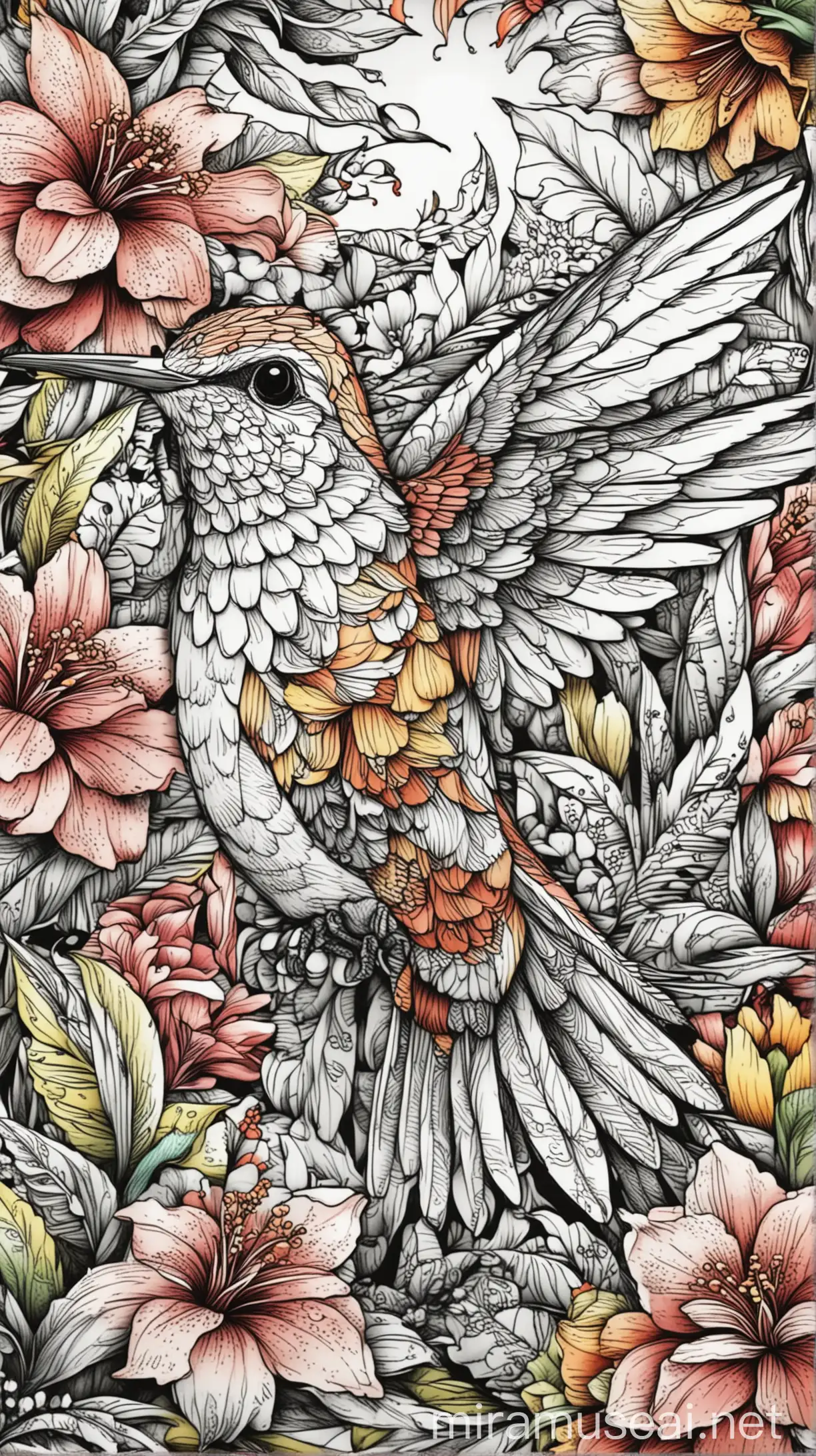 Colorful Hummingbird and Flowers for Coloring Book