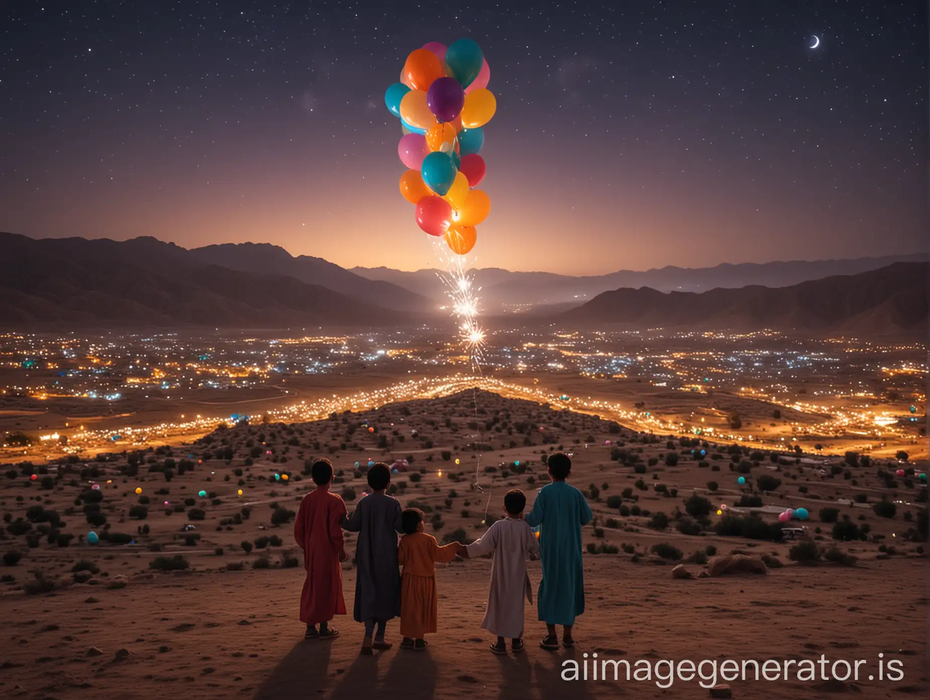 Joyful-Afghan-Children-Celebrating-Eid-ul-Adha-with-Balloons-and-Candy-at-Night