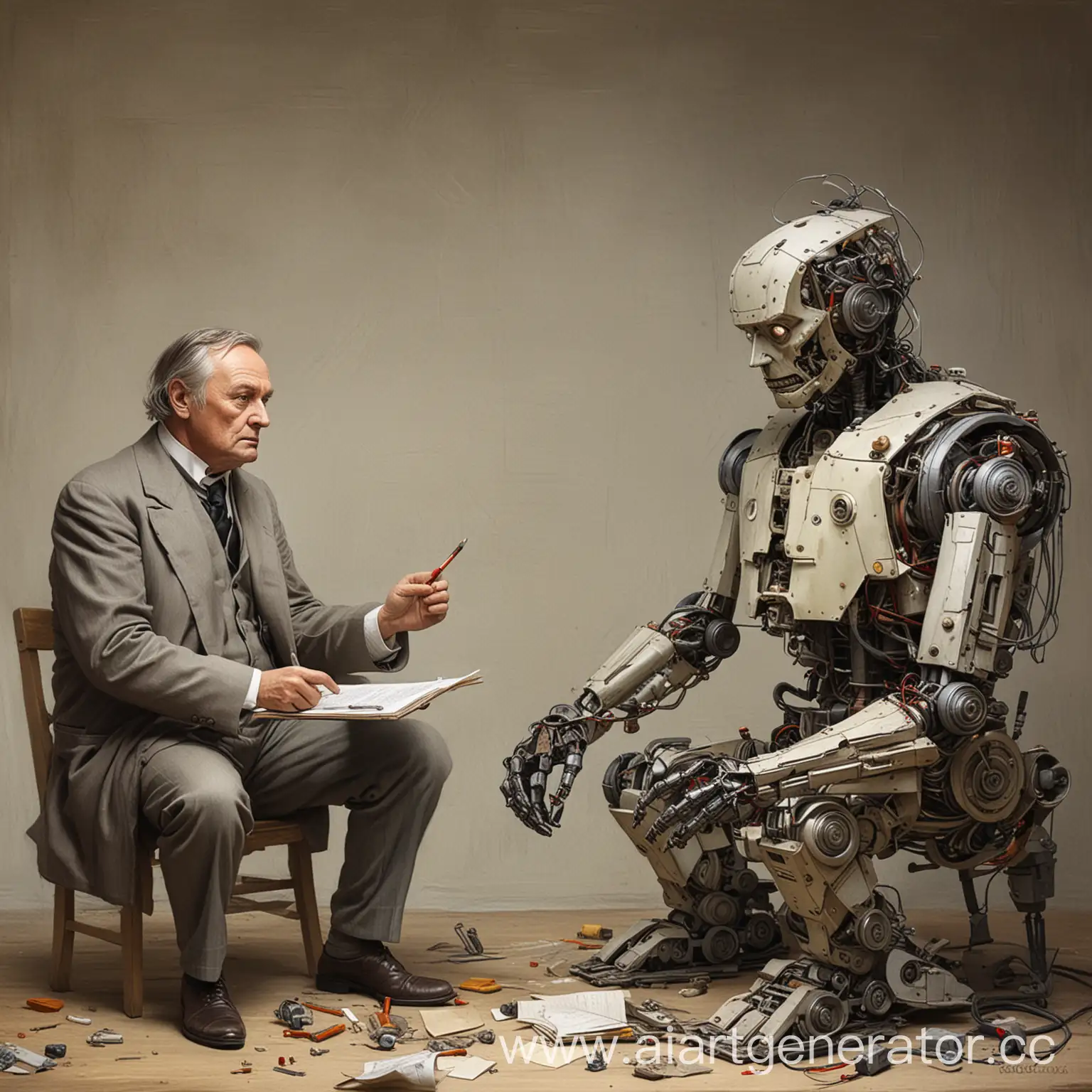 Нарисуй картинку, где конструктор Сергей Королев, философ Гегель и робот обсуждают энергетику