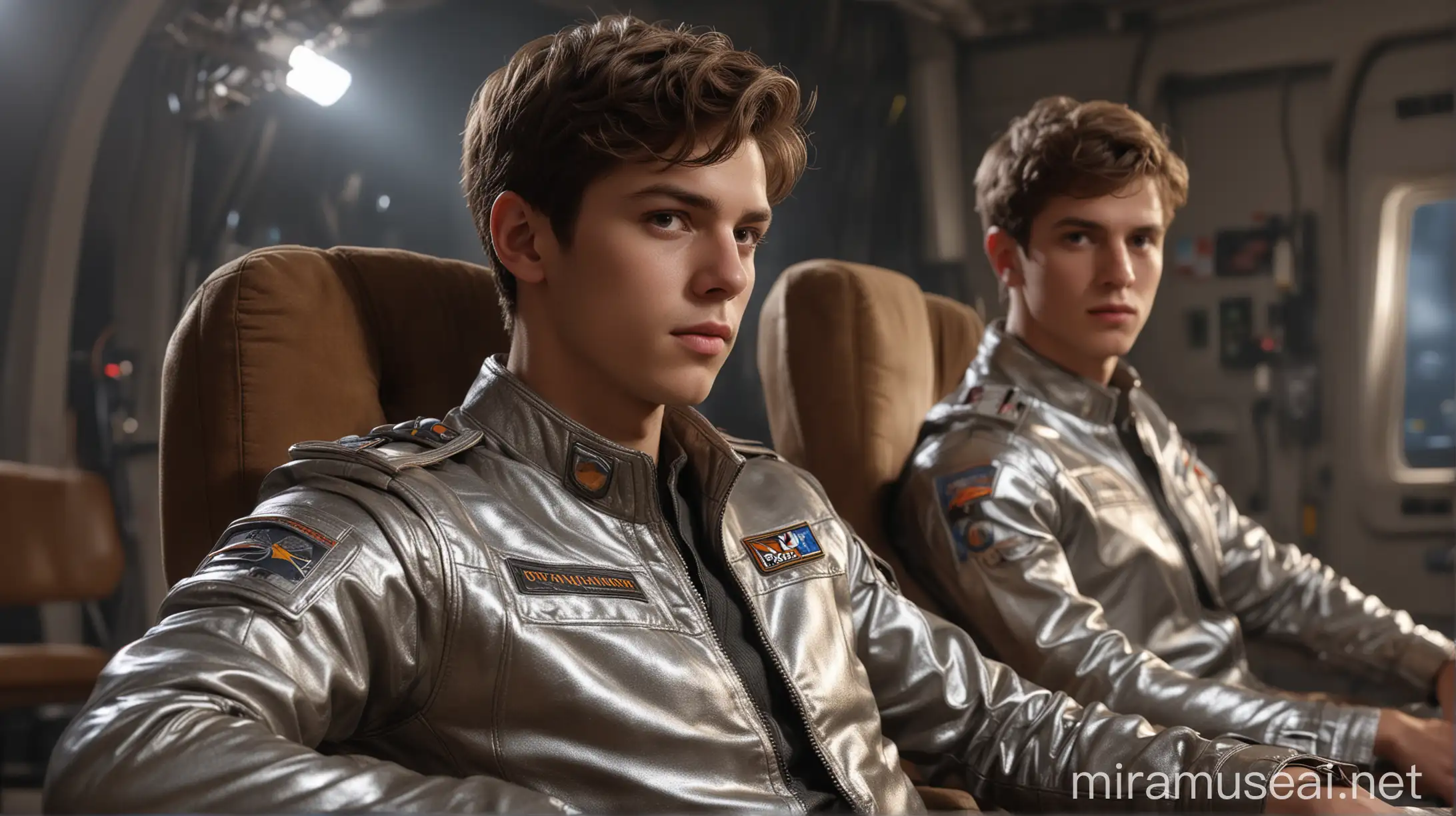 best quality, photorealistic, masterpiece, extremely detailed, an extremely delicate and beautiful, ((dynamic angle)), realistic anatomy, professional lighting, perfect shading, depth of field, two 19 year old young men, ((european perfect faces)), straight short hair, wearing silver metallic jackets and pants, sitting brown armchair, talking about something, random dynamic angle, background is a command room of sci-fi starship