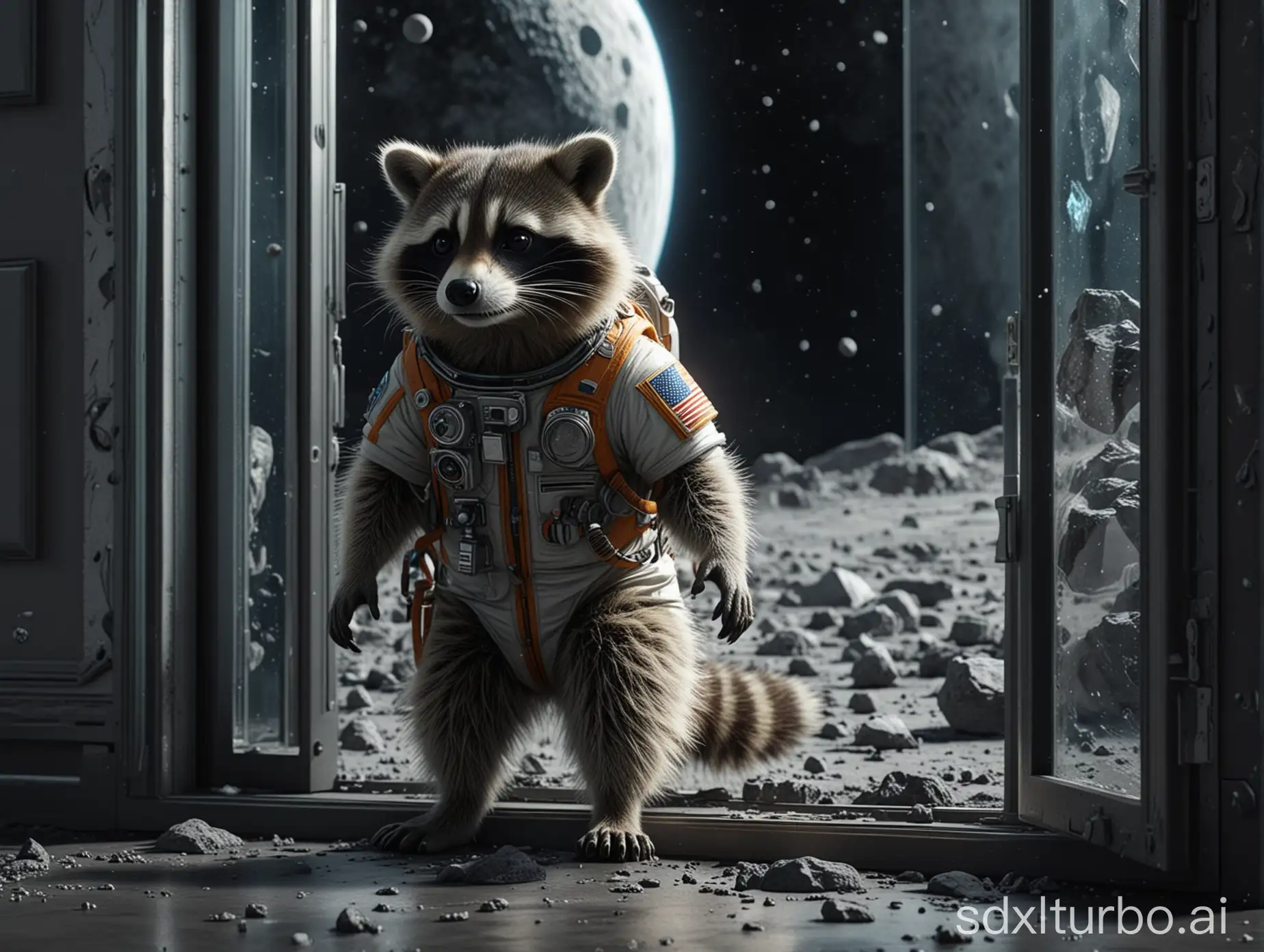 raccoon astronaut at the door of a semi-espheric glass made base on the moon, 8k, hyper detailed, hyper realistic