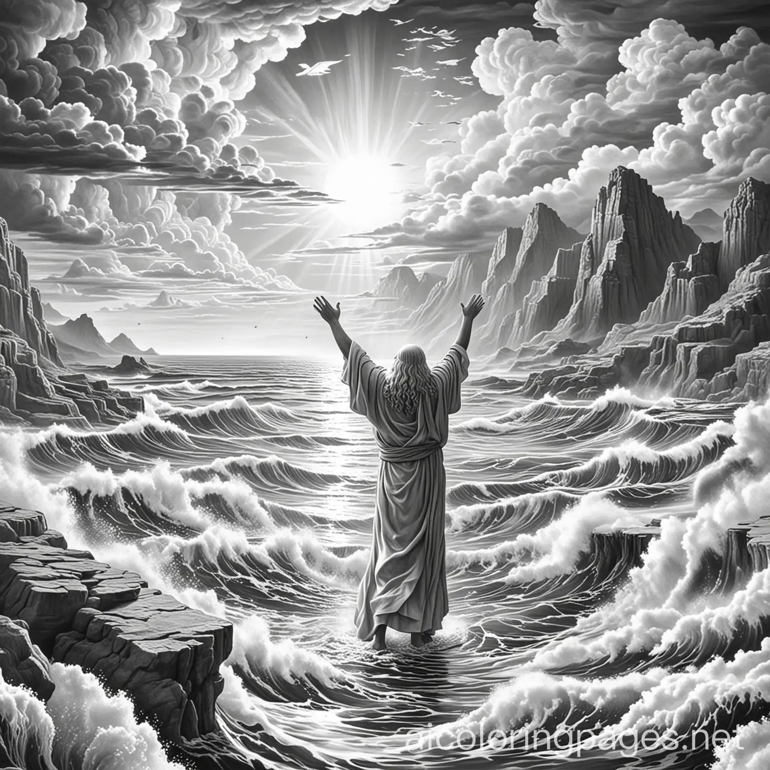 Create a children's coloring page in black and white that shows Moses stretching his arms out to the Red Sea. The Red Sea should be beginning to part. Add clouds in the sky. Add some Israelite families watching the sea part for them. Add some fish in the water.