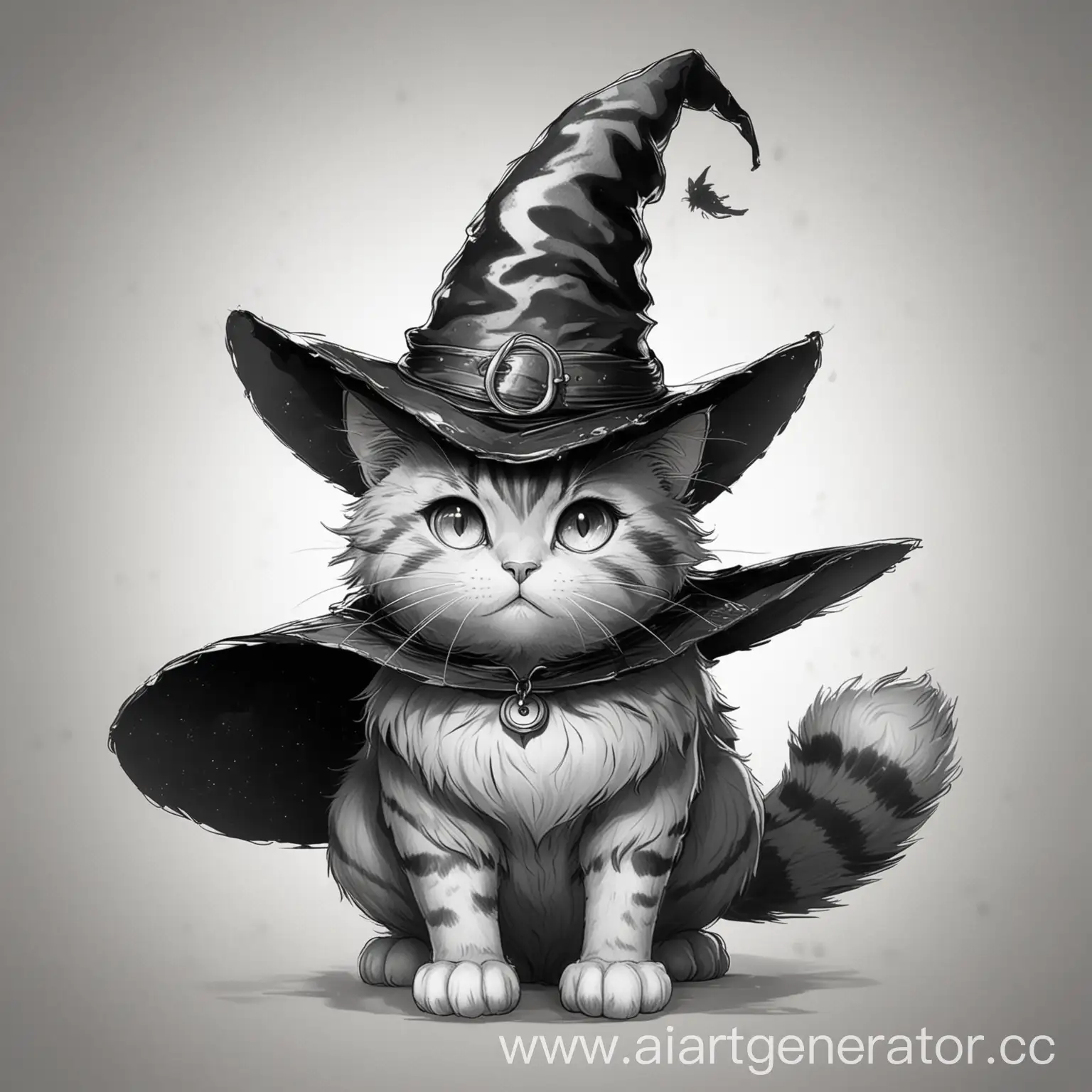 Кот в шляпе ведьмы нарисованный в стиле аниме, фон однотонный цвет